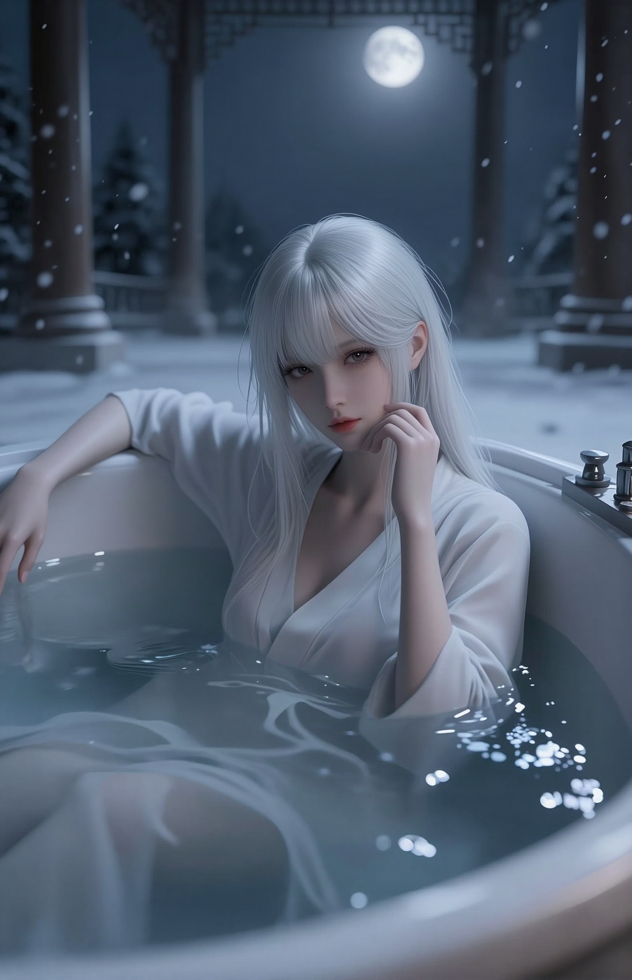 YY Anime style,诡秘的氛围，冬季深夜，在皇宫浴中，一位穿白色睡衣白发美女，正对着镜头在泡澡，烟雾缭绕，凄婉优雅，雪花飘落，写实，暗淡的月亮，极简主义，留白，自愈，意境，杰作，超写实，深情的看着。