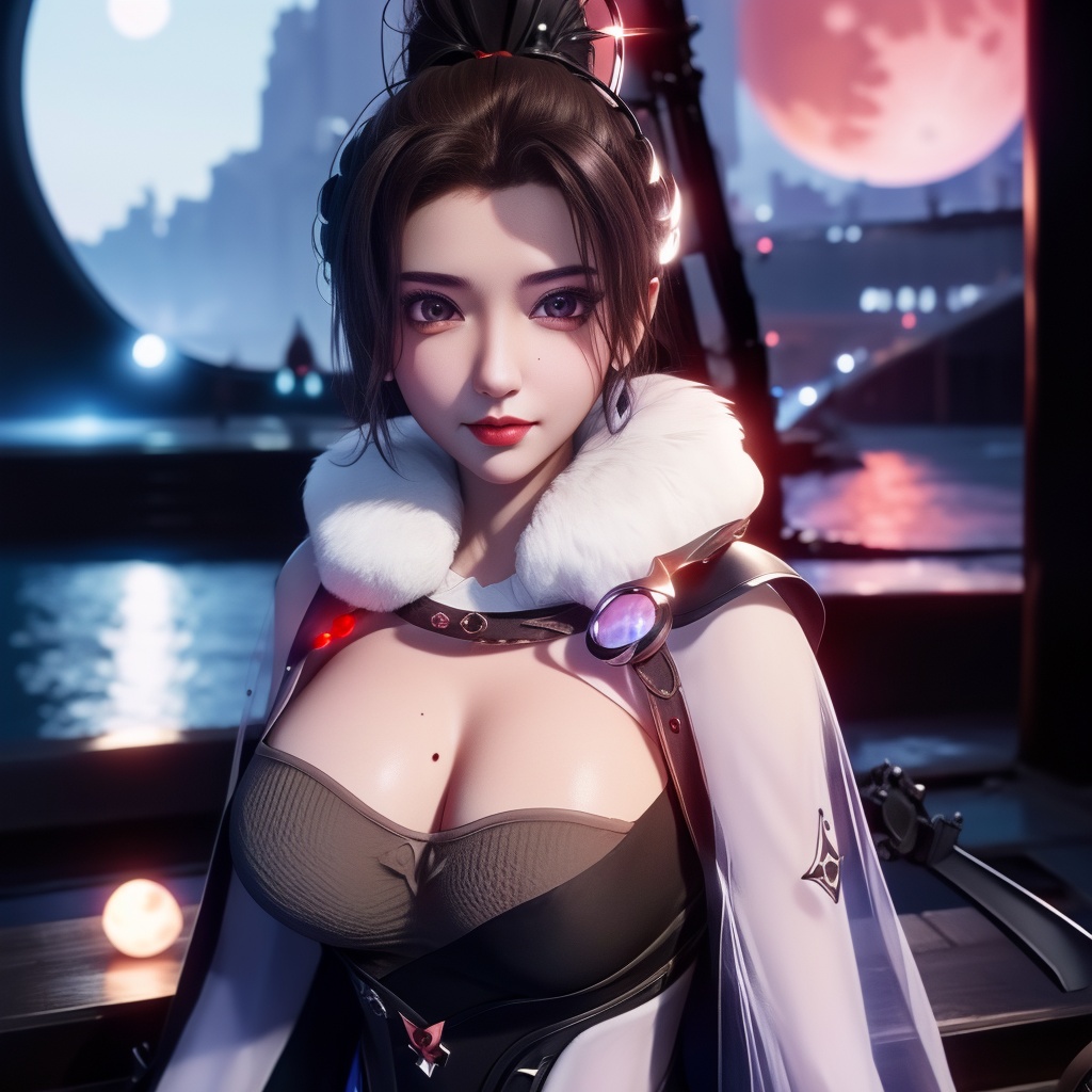 <lora:783-DA-万界至尊-李雪衣-毛领:0.8>, (,1girl, ,best quality, ),looking at viewer,  ,,ultra detailed background,ultra detailed background,ultra realistic 8k cg,, ,masterpiece, (( , )),, ,science fiction,mole, ,    ,red moon, black rose,     (cleavage),,  (),