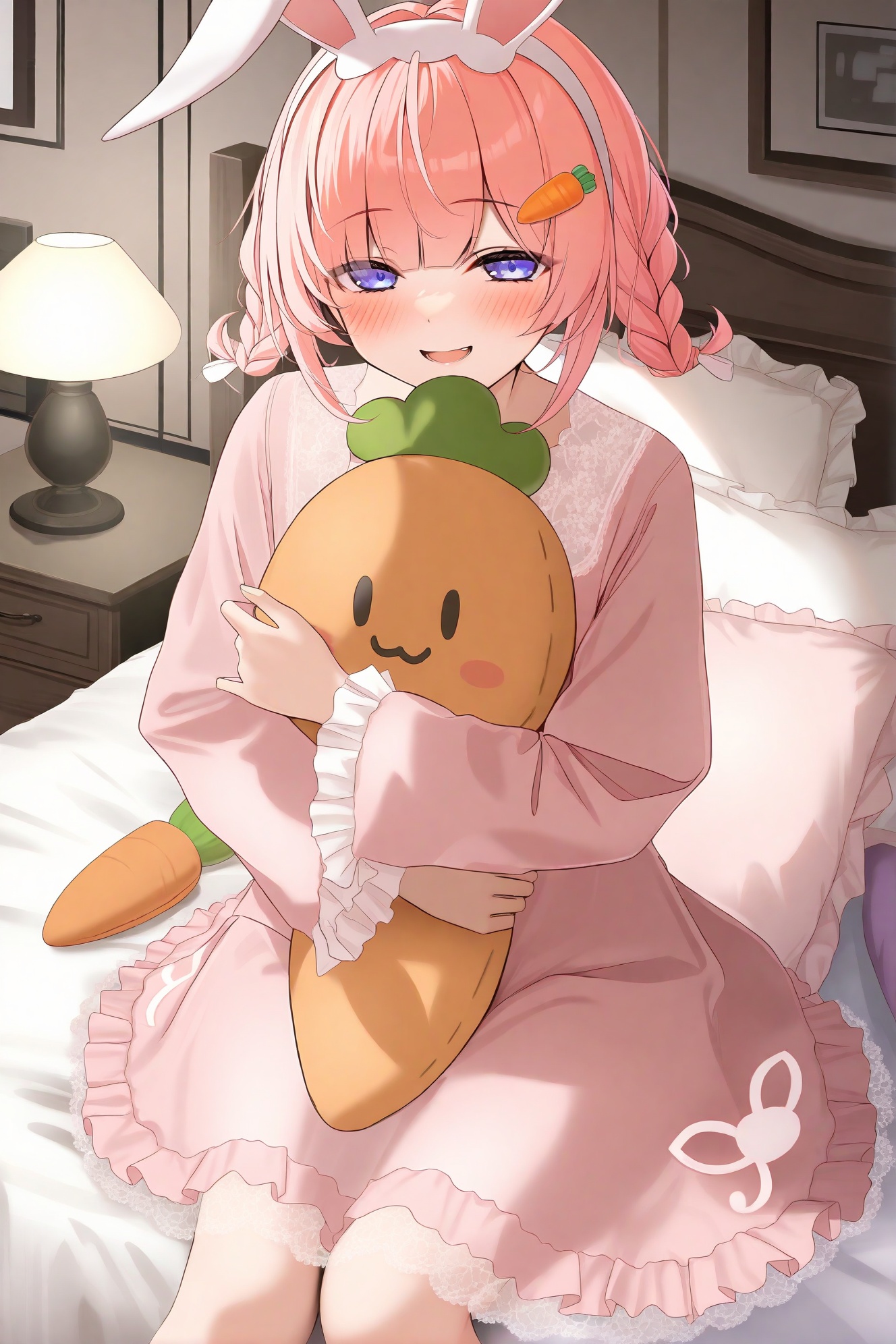 Monaka Curl, 1girl, pink hair, virtual youtuber, stuffed toy, solo, rabbit ears, stuffed animal, hair ornament, animal ears, smile, stuffed rabbit, sitting, braid, looking at viewer, blush, dress, carrot hair ornament, purple eyes, open mouth, pillow, food-themed hair ornament, hairband, nightgown, long sleeves, bed, frills, on bed, braided hair rings, lamp, holding stuffed toy, pink dress, indoors, blue eyes, short hair