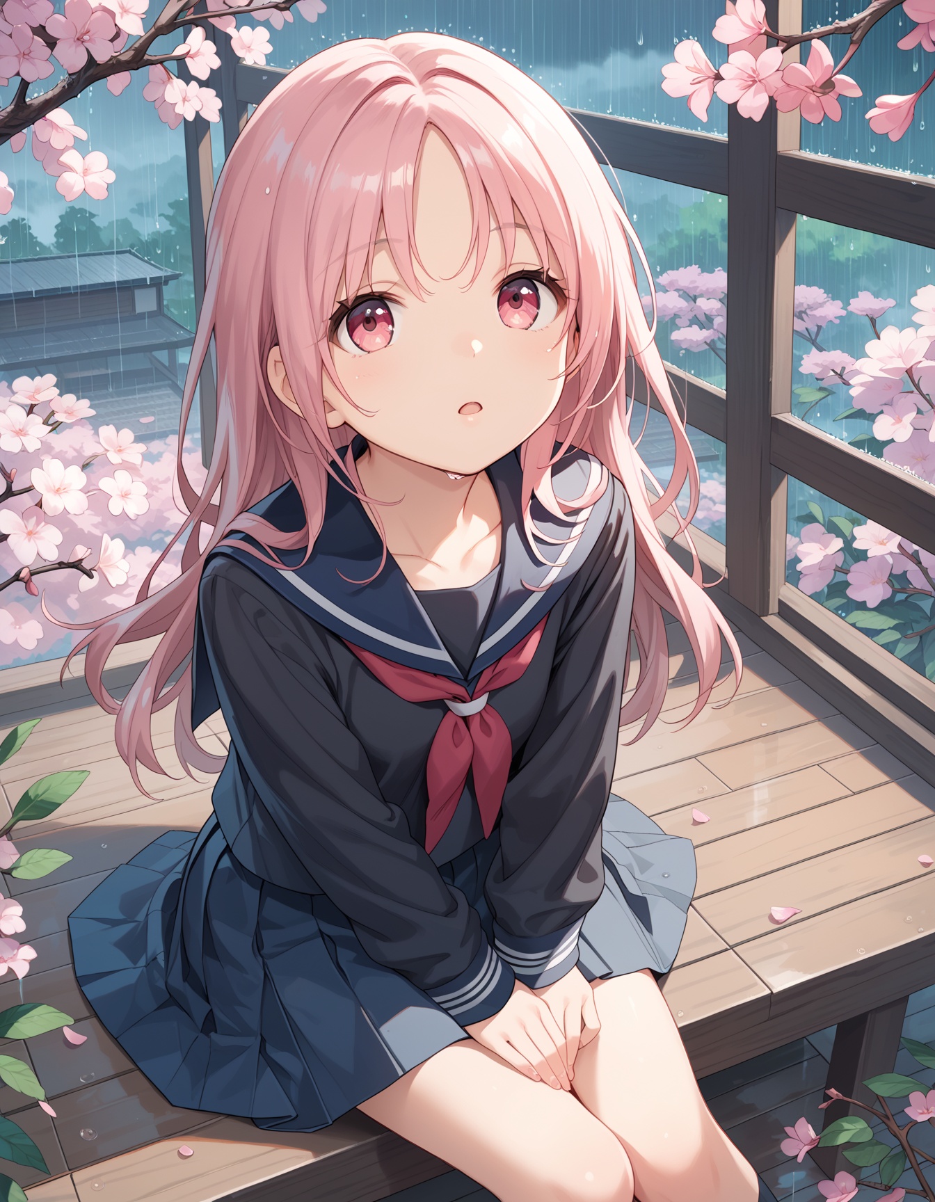 score_9,score_8_up,score_7_up,1girl,solo,rain,flower,long hair,branch,collarbone,looking up,holding,sitting,closed mouth,school uniform,pink flower,looking at viewer,serafuku,black shirt,cherry blossoms,Cry loudly,shed tears,open your mouth,