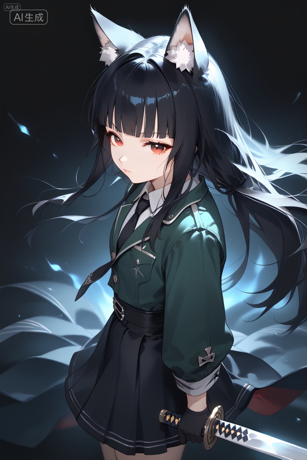 1girl,hoshimi miyabi,zenless zone zero,rei \(sanbonzakura\),torino aqua,(ciloranko:0.9),lack,from above,from side,foreshortening,animal ear fluff,black gloves,black hair,black necktie,black skirt,blunt bangs,closed mouth,fox ears,fox girl,green jacket,high-waist skirt,holding sword,glowing katana,energy,long hair,red eyes,serious,sidelocks,solo,white shirt,blue theme,black background,depth of field,cinematic,masterpiece,best quality,good quality,newest,highres,absurdres,, Negative prompt: ng_deepnegative_v1_75t,(badhandv4:1.2),EasyNegative,(worst quality:2),badhandv4,negative_hand,,nsfw, Steps: 20, Sampler: Euler a, CFG scale: 6.0, Seed: 1777528165, Size: 1024x1536, Model hash: a3aeb59bbf, Model: 星美pony_写实动漫插画大模型_1.0.safetensors, Denoising strength: 0.0, Clip skip: 2, ENSD: 31337, RNG: CPU, vae_name: automatic