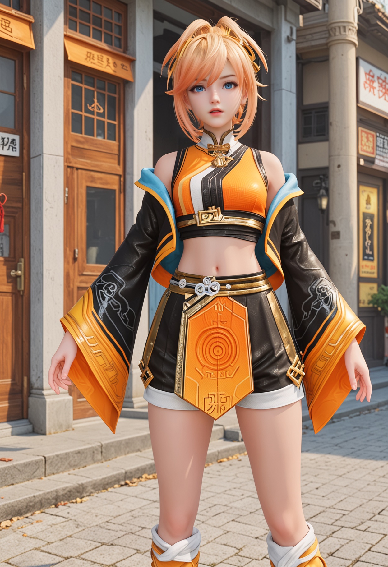 score_9,high detail,best quality,cinematic lighting,volumetric lighting,shiny skin,shiny,1girl,solo,blonde hair,blue eyes,jacket,shorts,skirt,standing,open clothes,midriff,transparent background,black shorts,crop top,orange shirt,wide sleeves,open jacket,chinese clothes,black jacket,off shoulder,leg warmers,short hair,hair ornament,parted lips,looking_at_viewer,upper_body,<lora:QQSponyjixiaomanV1:0.8>,<lora:Pony_DetailV2.0:0.8>,<lora:皮肤凹痕:0.1>,