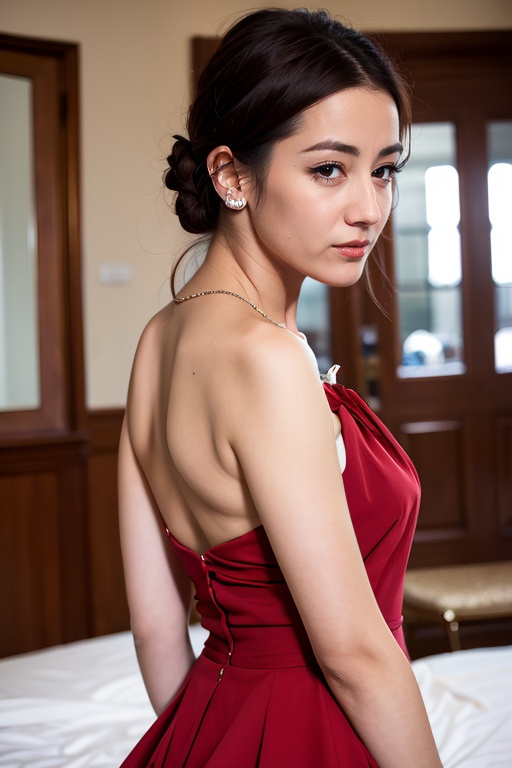 マスターチーフ PHOTOREALISTIC REALISTIC,masterpiece,best quality,highres,ultra detailed,8k,1woman,upper body,dress,looking at viewer,profile,from side,indoors,<lora:dilirebaAlexnsfw80:0.6>