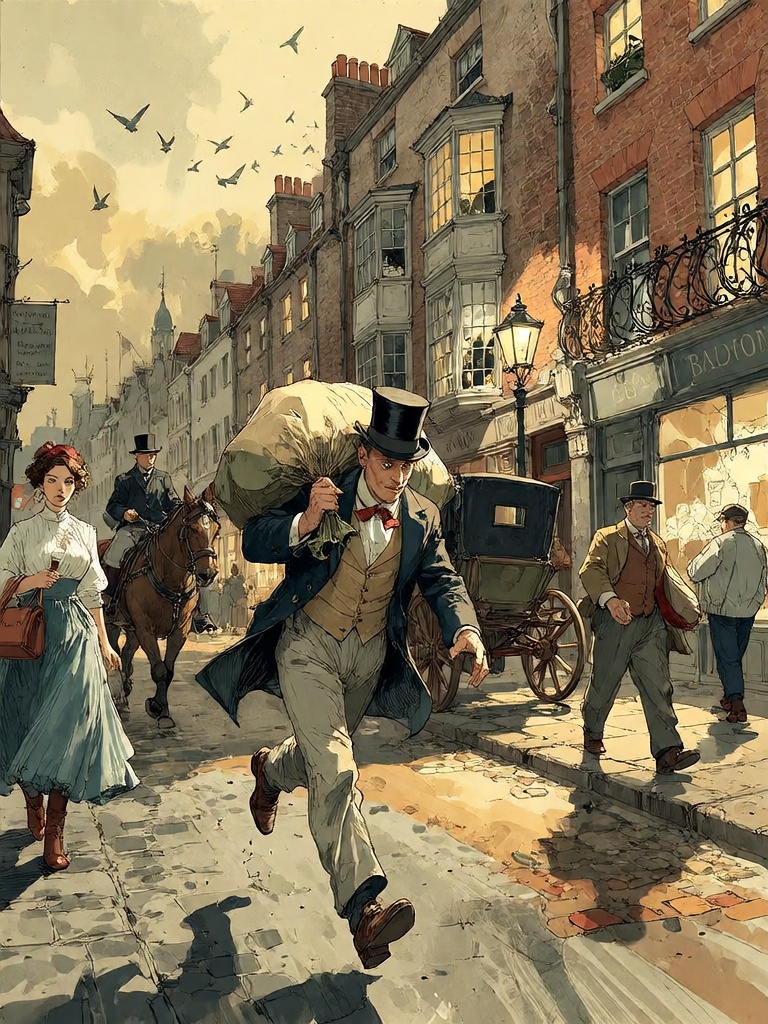 Bradhamel art style. A sepia-toned illustration of a bustling 19th-century London street at dusk,  featuring cobblestone p...