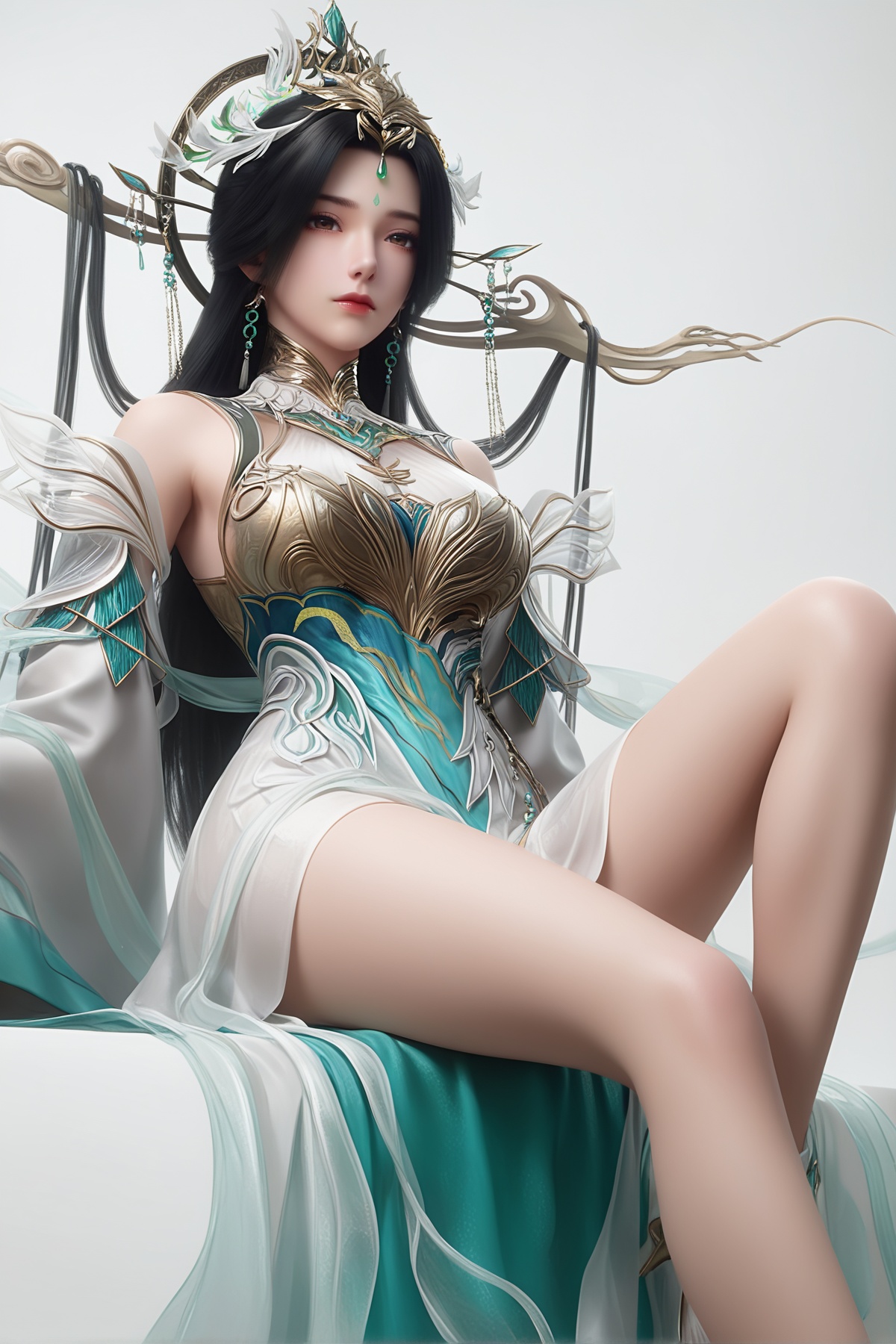 masterpiece,best quality,realistic,cinematic,detail eyes,(ultra-detailed),perfect composition,intricate details,absurdres,detailed face,high quality,high res,8K,<lora:X_liushen_wdd_IL3.0:0.8>,black hair,brown eyes,forehead mark,facial mark,1girl,long hair,breast,big breasts,hair_ornament,dress,bare_legs,sitting,simple background,white_background,