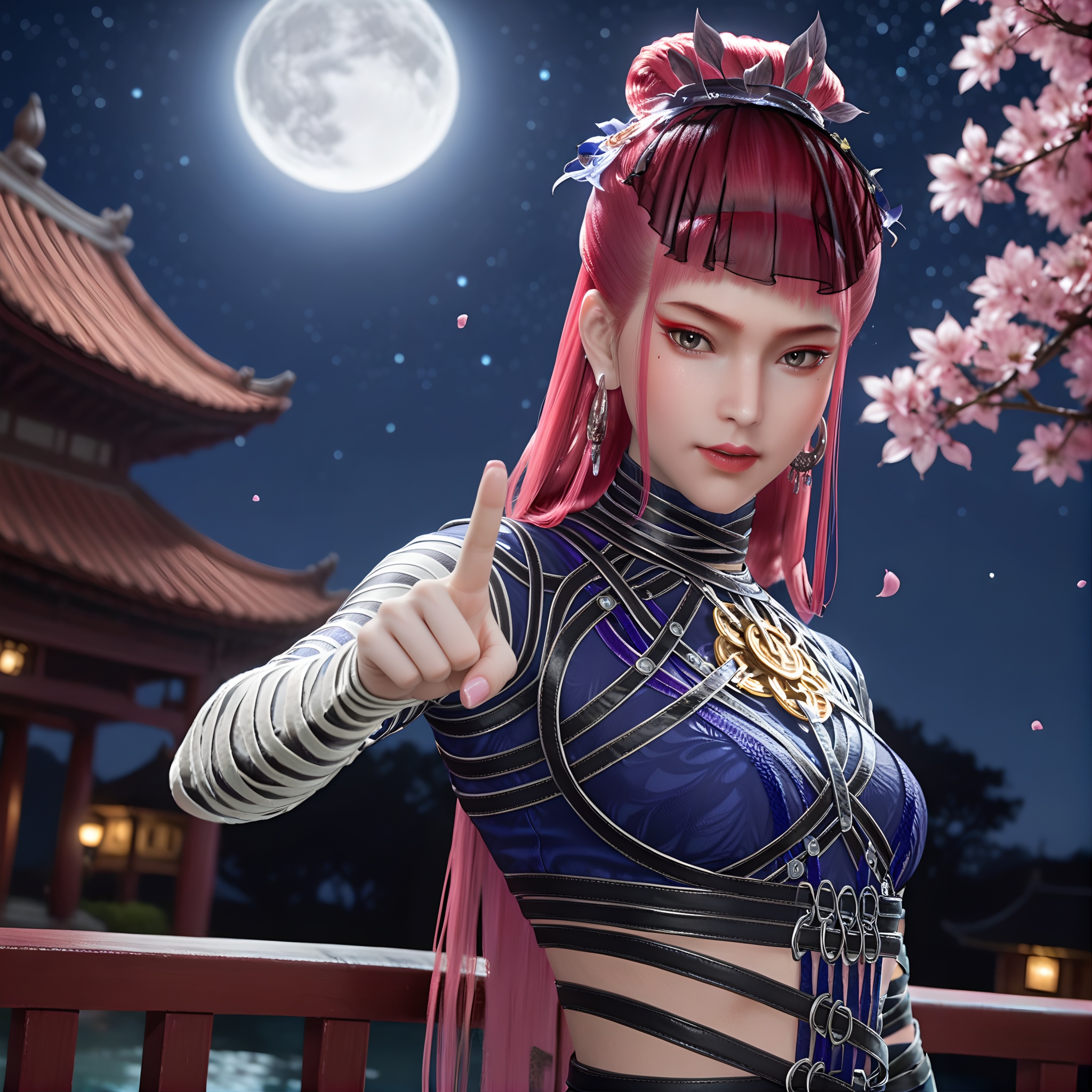 (score_9),upper body,slender,(glamor:1.1),1girl,solo,<lora:好奇姐:0.85>,yf1,long hair,red-pink hair,jewelry,earrings,bangs,makeup,mole,mole under eye,hair bun,bandages,(pointing_at_viewer),pointing,(index_finger_raised),front view,one hand up,front view,BREAKsimple background,black background,(white_skin),(sweaty skin),(Ivory_skin),light_skin,very sweaty,(pale_skin),(fair_skin),twig,branch,falling petals,starry_sky,hyper_galaxy,handrail,night,depth of field,moon,(chinese style architecture),chinese style,wooden,