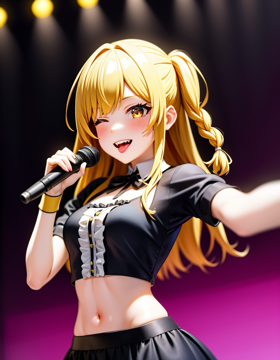 1girl,fujita kotone,gakuen idolmaster,ogipote,ask \(askzy\),yoneyama mai,anime coloring,dutch angle,blonde hair,blurry background,reaching towards viewer,spread fingers,blush,center frills,yellow eyes,one eye closed,crop top,cropped jacket,frilled wristband,frills,holding microphone,music,neck ribbon,open mouth,ribbon,sekaiichi kawaii watashi \(idolmaster\),short sleeves,singing,smile,solo,teeth,tongue,twin braids,upper body,white ribbon,cinematic,depth of field,blurry background,masterpiece,best quality,good quality,newest,highres,absurdres,