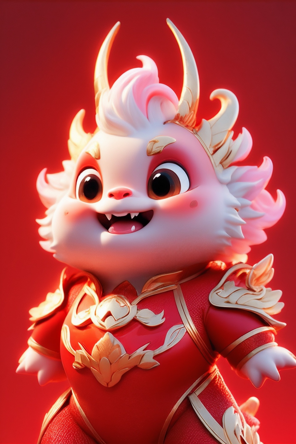 a cute pink and white pet,scale,cloud mass,red theme,<lora:Dragon Baby_20231209214719-000009:0.8>,((masterpiece)),rich details,extremely exquisite,claw,head gemstone,red background,fangs,