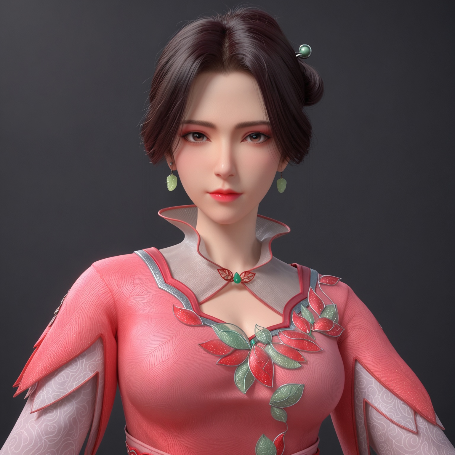 <lora:YQponyjimohuaxueV2:0.8>,q1528437228,solo,1girl,black hair,dress,jewelry,earrings,hair ornament,short hair,brown eyes,chinese clothes,pink dress,long sleeves,hair bun,brown hair,realistic,boots,necklace,red dress,clothing cutout,BREAK score_9,upper_body,portrait,shiny_skin,(looking at viewer:1.1),cinematic lighting,volumetric lighting,solo focus,(huge breasts:0.9),(simple background,pure black background,black background:1.1),