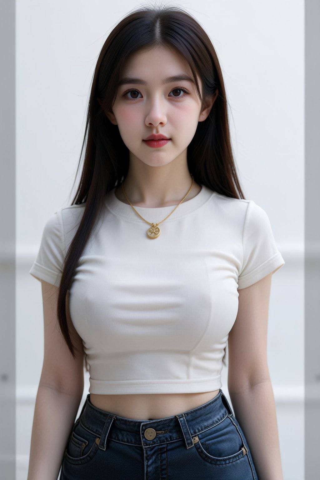 The image depicts a studio photograph of an Asian woman in her early twenties with long,  straight black hair. She is stan...