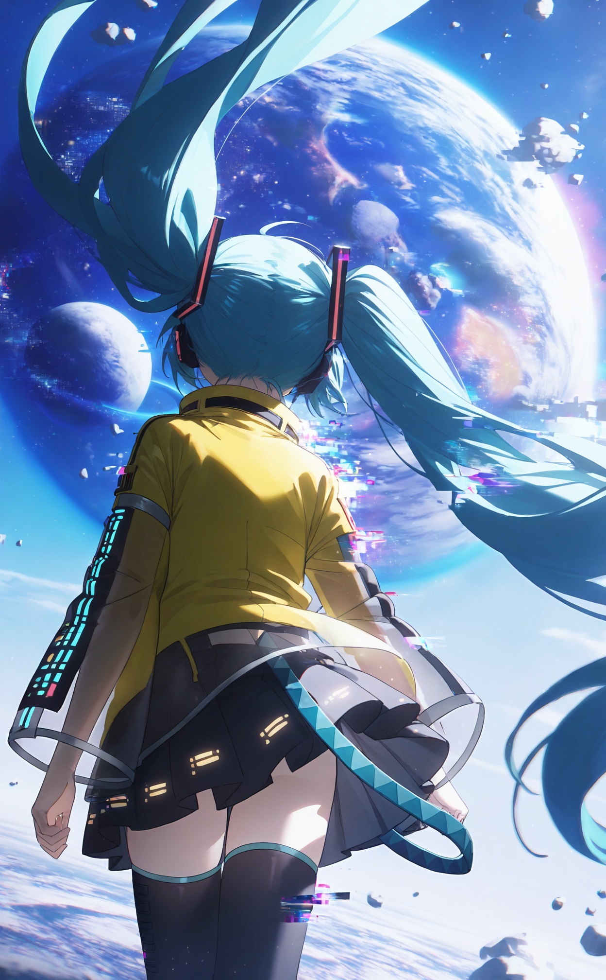 masterpiece,highres,absurdres,newest,best quality,high quality,loli,petite,chromatic_aberration,//,1girl, hatsune_miku, solo, twintails, long_hair, thighhighs, skirt, from_behind, planet, sky, glitch, very_long_hair, digital_dissolve, see-through, cloud, jacket, black_skirt, zettai_ryouiki, floating_hair, black_thighhighs, blue_hair, pleated_skirt, aqua_hair, outdoors, earth_\(planet\), see-through_sleeves, miniskirt, facing_away, long_sleeves, space, standing, hair_ornament, yellow_jacket, blue_sky, floating, cowboy_shot//,<lora:konya_karasue3——【noob】hans:0.7>,