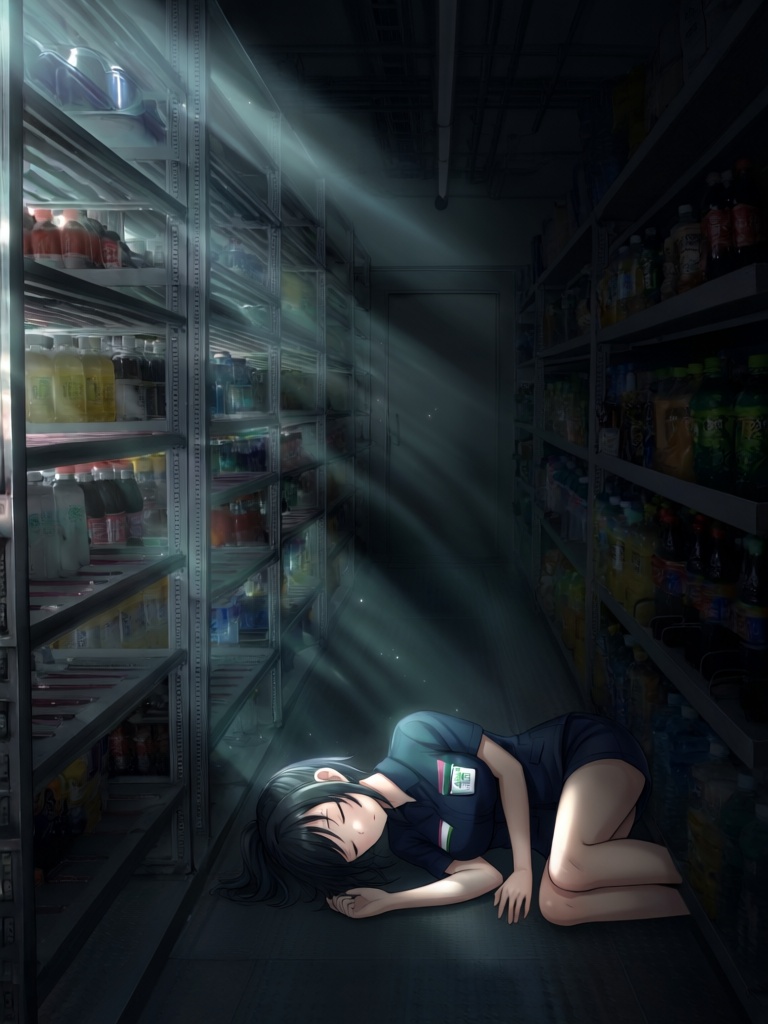This atmospheric anime-style scene depicts a young woman with short black hair resting on the floor inside a dim walk-in c...