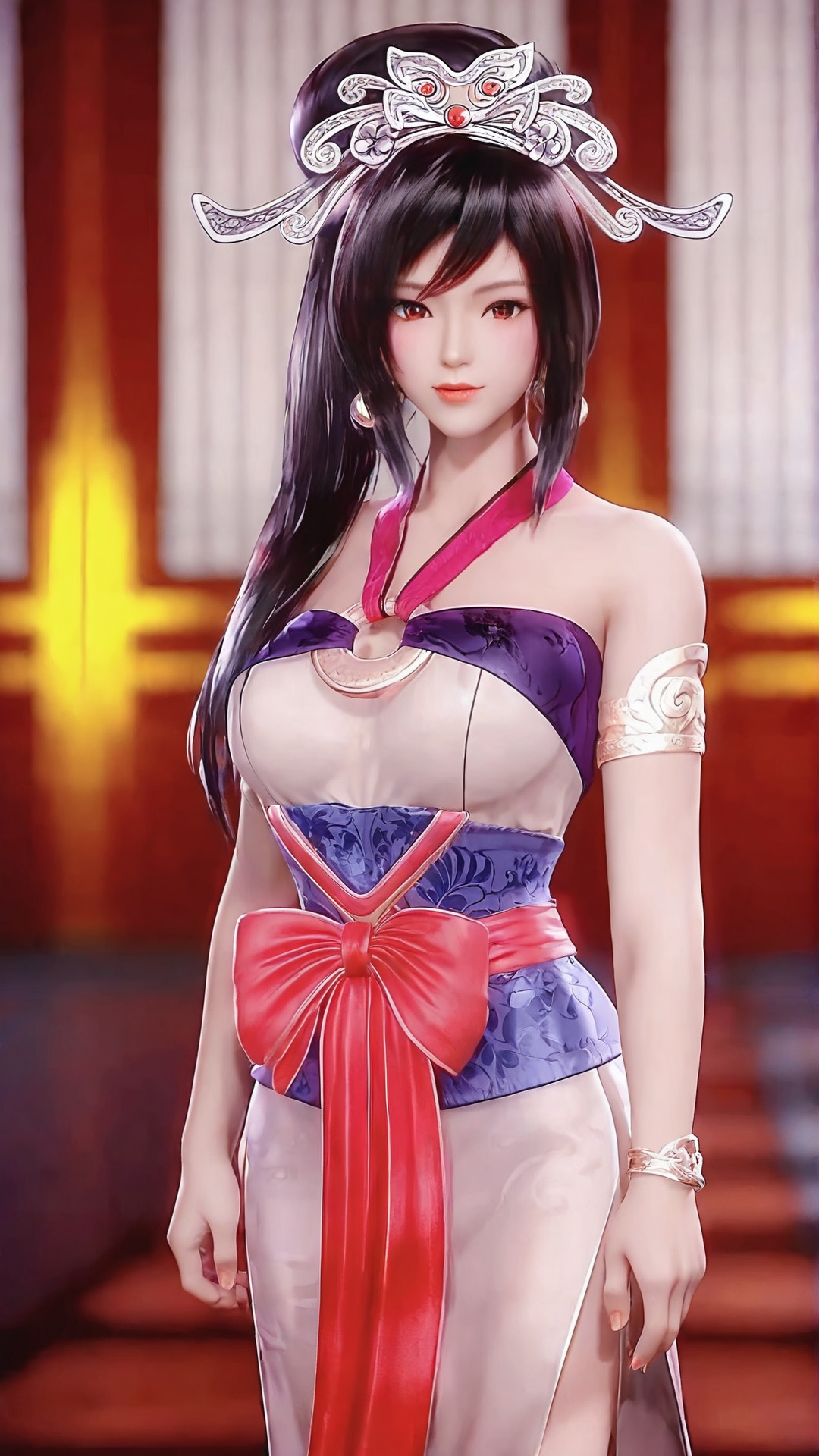 The image shows a young woman dressed in traditional Chinese clothing. She is standing in a room with red walls and gold accents. The woman is wearing a purple and blue dress with a large red bow on the waist. She has long black hair styled in loose waves and is holding a sword in her right hand. On her head, there is a large silver headpiece with intricate designs and patterns. The overall style of the outfit is elegant and regal.<lora:pony红莲:0.8>,