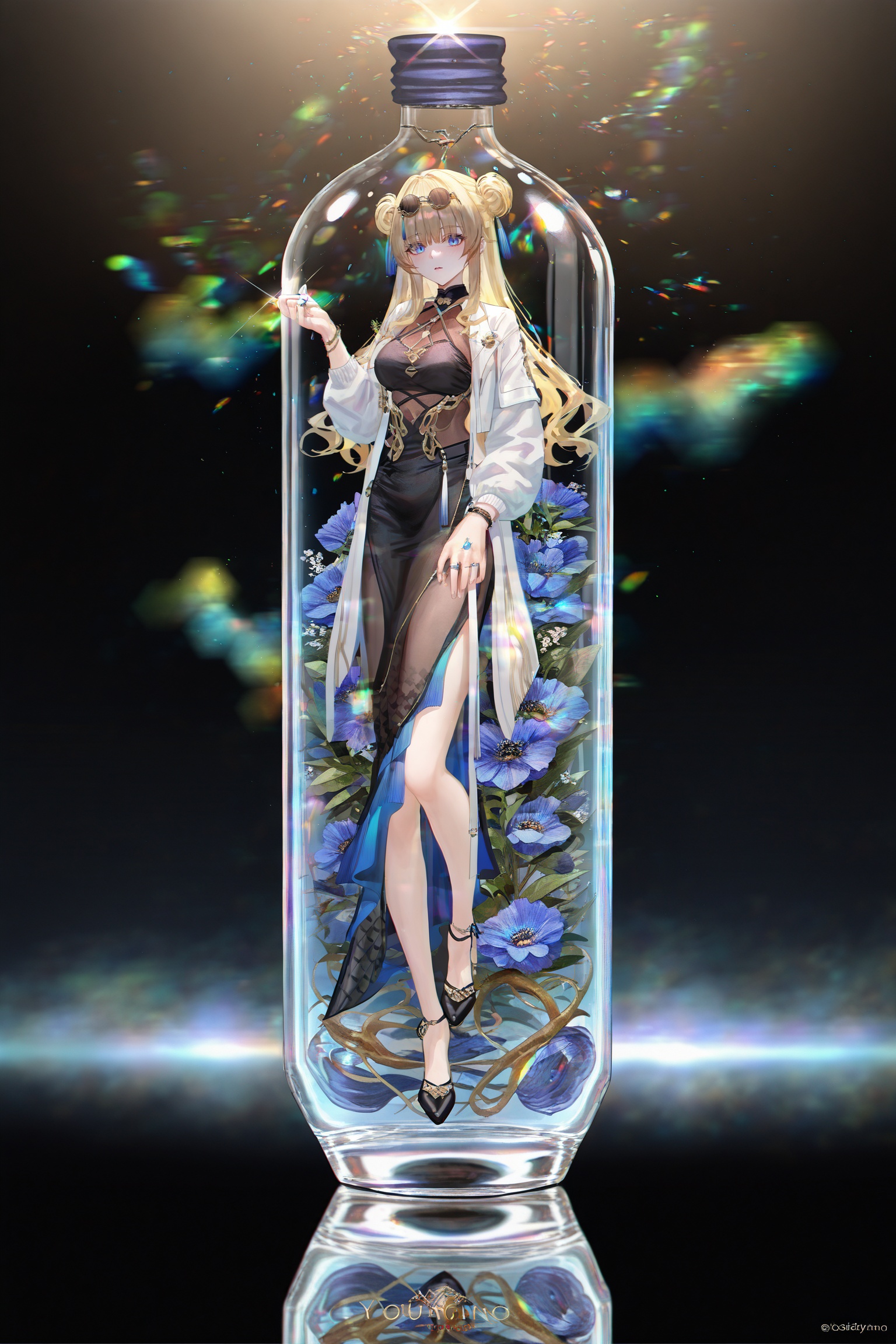masterpiece,best quality,good quality,((artist:reoen),(artist:fuzichoco),(artist:atdan),(artist:torino_aqua),year 2024:0.8)1girl,[artist:wlop],<lora:jijia-gnoobv-Tanger-000014:0.7>,jijia,2d,anime,1girl,solo,looking at viewer,in container,see-through,standing,hand up,character name,black background,reflection,copyright name,gradient,a glass bottle with a picture of a woman on it,a picture of a girl inside a clear container with a bunch of stuff in it,interval glass,inside the container,glass separation,<lora:songque-noob-Tanger:0.8>,songque,def clothes,youfang,1girl,blonde hair,long hair,breasts,jewelry,double bun,blue eyes,ring,black skirt,high heels,white jacket,eyewear on head,sunglasses,