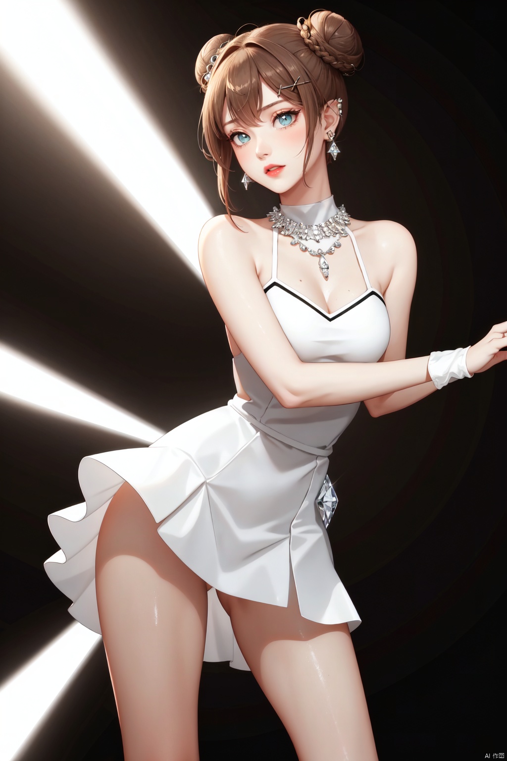 Realistic style, cinematic work, 8K wallpaper, masterpiece, very realistic quality, best quality, masterpiece, high-level, high-resolution,,,Edge lighting, dual tone lighting, soft lighting, The illuminated surface of the material has bright spots and highlights, which flicker and have a mirror effect when reflected, There are sparkling spots on the armor,,,1 girl, mature female, solo, full body, looking at viewer, lace, strong rim light, Standard proportion of female body, golden proportion of female body,,,Standing, standing posture, Sexy full body standing posture,,,,(qinchao, 1girl, hair ornament, hair between eyes, brown hair, hair bun, bangs, blush, x hair ornament, braid, short hair, pointy ears, eyelashes, double bun, green eyes, collarbone, white shirt, sleeveless, single glove, single sock, fingerless gloves, shiny hair, aqua eyes, horns, crossed bangs, single hair bun, hairclip,:1.2),,bare shoulders, off shoulder, black hairband, bikini bottom only, short dress, swimsuit, pleated dress, bikini, floating hair, blush, ass visible through thighs, skirt,White high-heeled shoes,:1.2),,,colorful,(detailed skin: 1.3), (detailed face: 1.3),clear focus,delicate,(mature women: 1.2),(glossy skin+glossy skin: 1.4),(sweating: 1.1),(big_eyes),red_ eyeshadow,long_ Eyelashes, red lips,,,simple background, grey background,,,(Diamond hair accessories, diamond necklaces, diamond earrings, diamond earrings, clothes embedded with diamonds, armor embedded with diamonds,:1.3),, qinchao, luoli<lora:EMS-326495-EMS:0.300000>