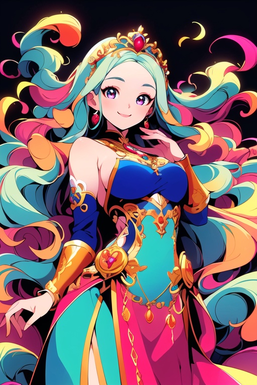 (masterpiece, top quality, best quality, official art, beautiful and aesthetic:1.2),1girl,delicate face,wear gogerous dress,smile,fantasy background,vivid color,32k,super details,happy,smile,perfect skin,long curved hair,