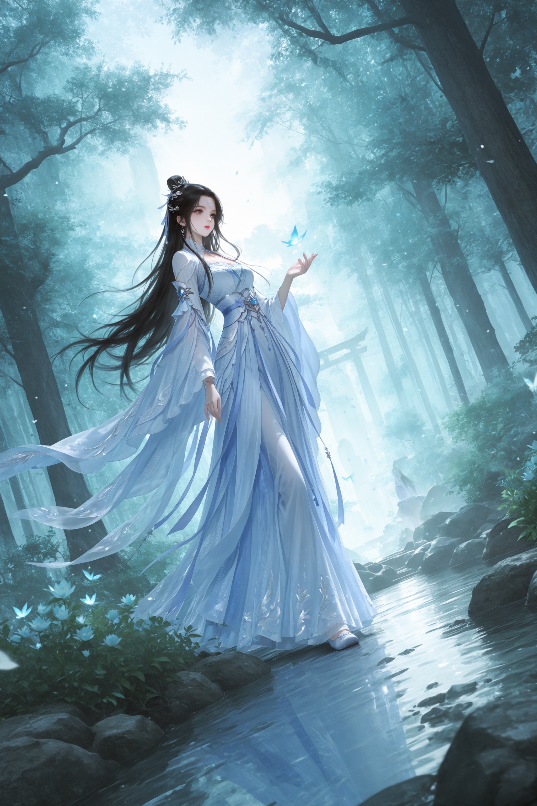 masterpiece,dutch angle,scenery,1girl,white hanfu,lu xueqi \(zhu xian\),zhu xian,