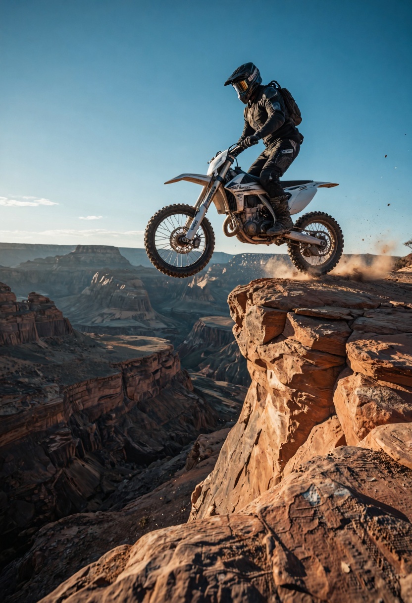 An extremely realistic,  high-resolution,  cinematic photo captures an epic action shot of a lone motorbike rider launchin...