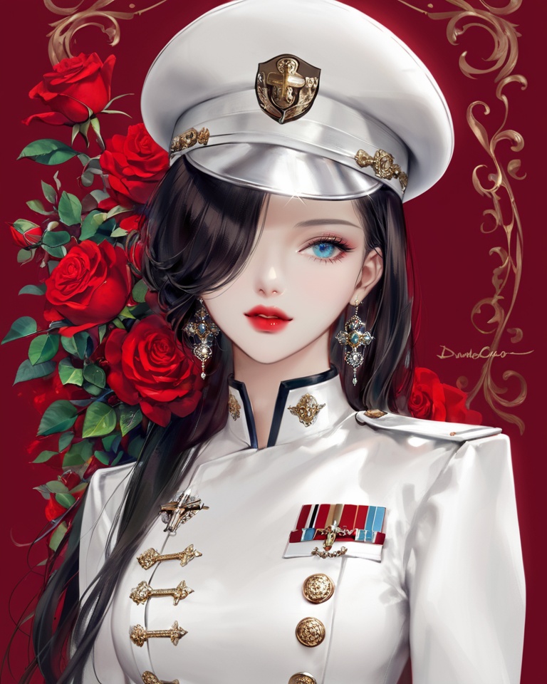 (best quality), ((masterpiece)), (highres), illustration, original, extremely detailed,<lora:DDCXL:0.7>1girl, earrings, solo, jewelry, hat, red lips, flower, blue eyes, rose, long hair, red background, peaked cap, red flower, makeup, cross, cross earrings, lipstick, looking at viewer, military, military uniform, gloves, hair over shoulder, uniform, red rose, hat over one eye, black hair, one eye covered, upper body, military hat, white headwear, lips