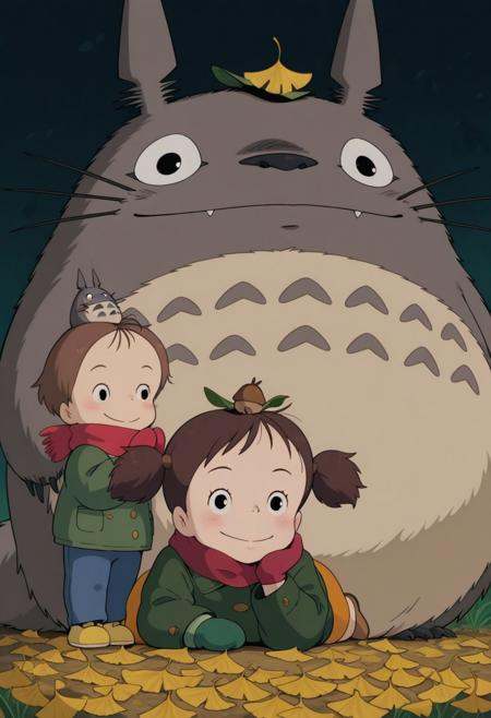 masterpiece,best quality,amazing quality,chibi totoro, chuu totoro, kusakabe mei, kusakabe satsuki, totoro, 2girls, acorn, black eyes, blue pants, blush, brown hair, buttons, claws, closed mouth, ginkgo leaf, grass, green jacket, green mittens, head rest, holding, holding leaf, jacket, leaf, leaf on head, long sleeves, looking at another, looking at viewer, lying, mittens, multiple girls, on head, on stomach, orange skirt, pants, red mittens, red scarf, scarf, shoes, short hair, short twintails, siblings, sisters, skirt, smile, solid circle pupils, standing, twintails, yellow shoes,ghistyle