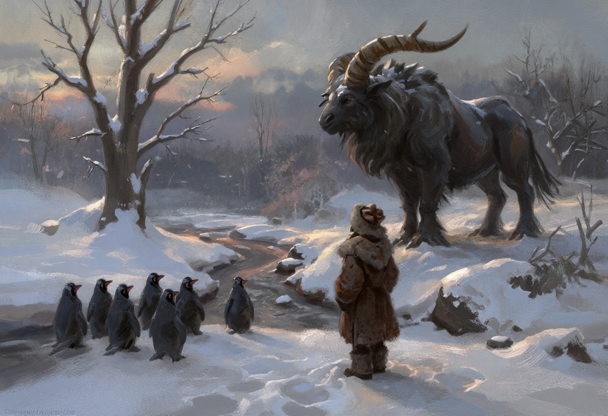 A snowy winter landscape with a figure standing in the foreground,  facing a group of small,  dark on Tensor.Art