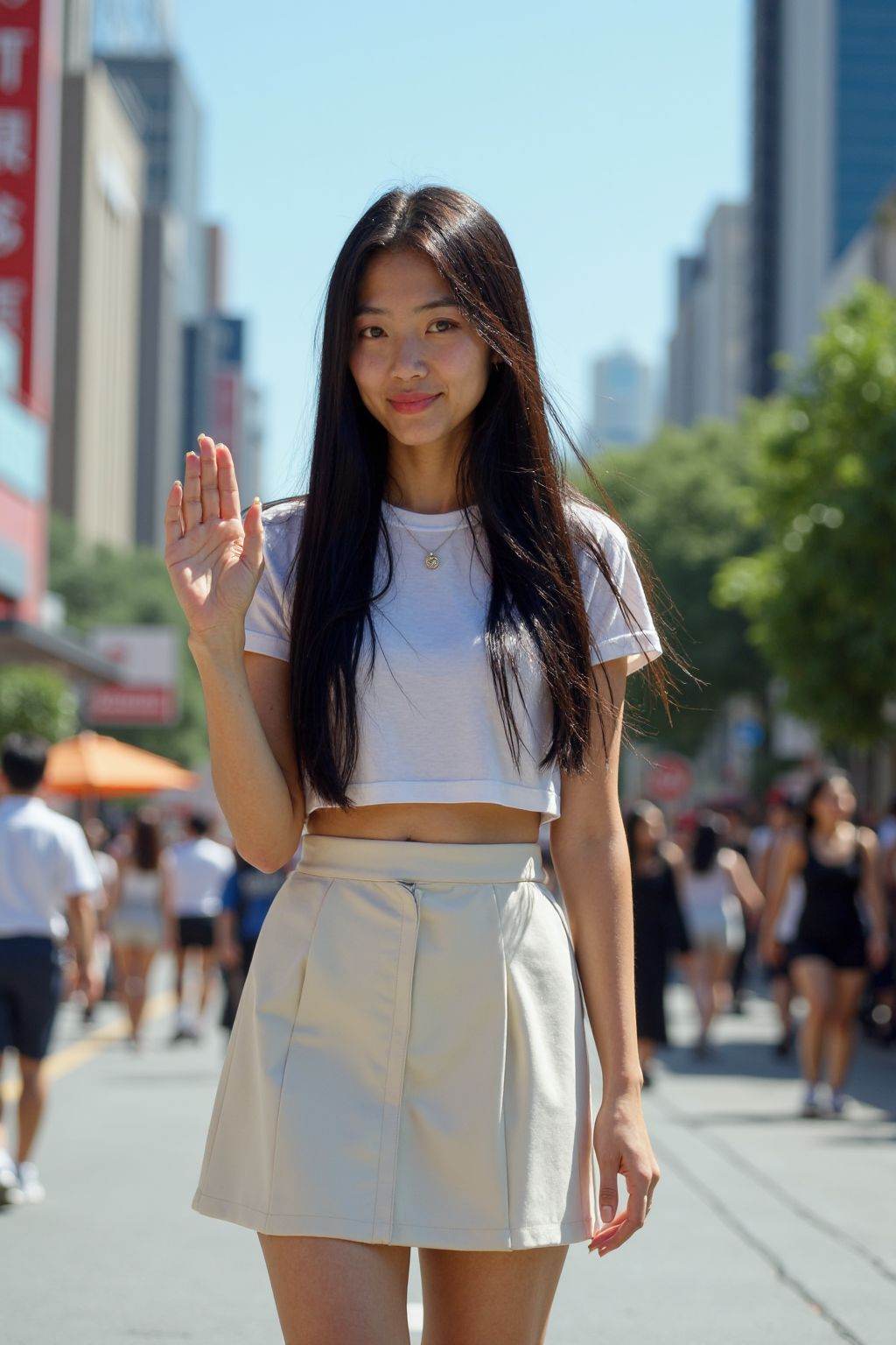 Fuji camera filter, Film photography, Color Flim, Fujifilm Fujicolor 400H, fine grain, flim photo, A photograph of an girl with long straight black hair and fair skin, a white crop top, and short skirt. She waves with her right hand, standing in a bustling urban area with people in the background. She has a slender build and a neutral expression. The background includes buildings, street signs, and trees, with a clear blue sky.