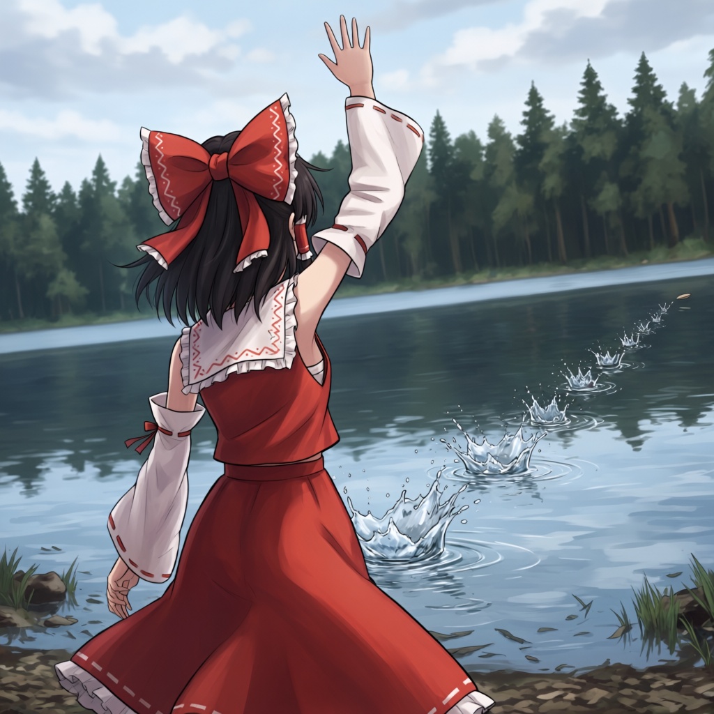 stone skipping,  hakurei reimu,  throwing on Tensor.Art