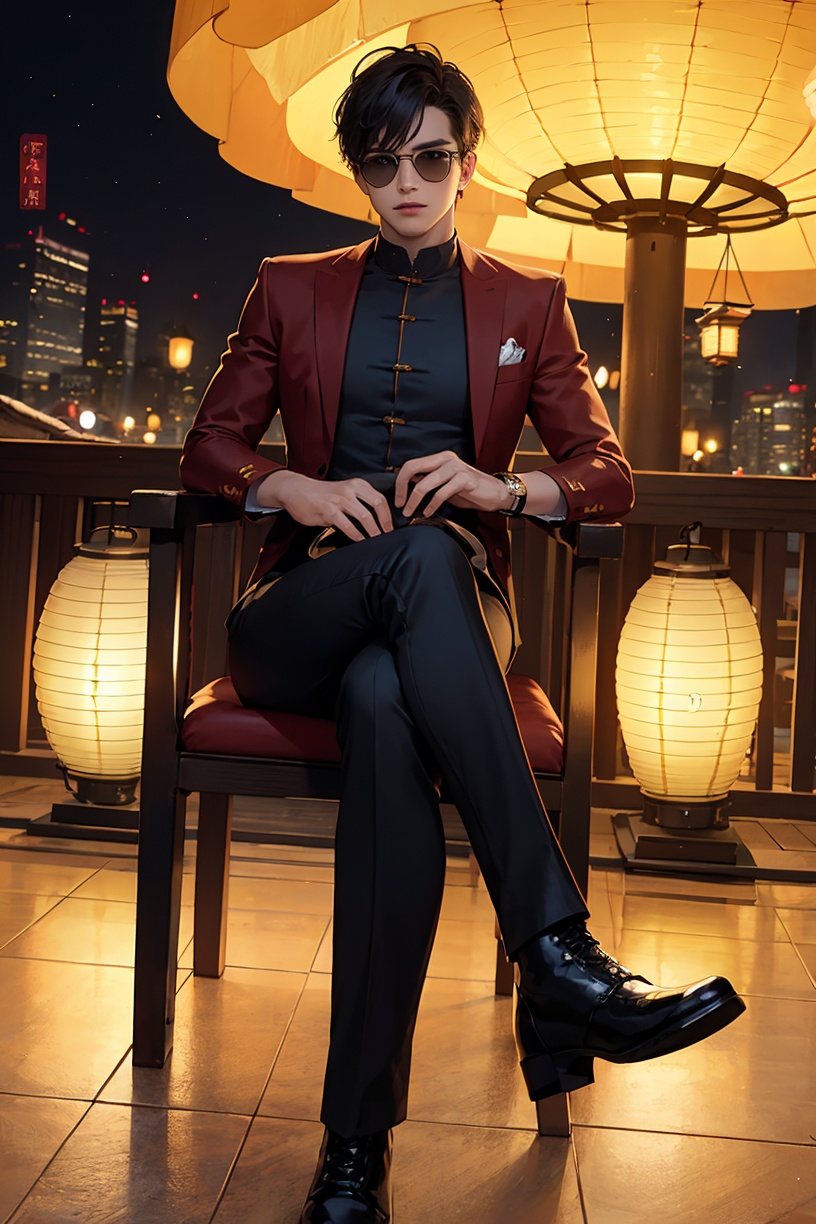 New Chinese style,ethnic trend,1boy,Male focus,solo,sitting,Sunglasses,shirt,black hair,boots,pants,black pants,black shoes,New Year,(City street scene :1.2),(Lantern :1.2),(Lantern decoration :1.2),(Scene depth :1.3),(Blurred background:1.2),Big scene,30 degree view,New Year,New Year costume,hand fan,chair,holding,red shirt,Jacket,black shirt,round glasses,short hair,red background,crossed legs,simple background,hand fan,<lora:sdxl_National fashion:0.8>,masterpiece,best quality,