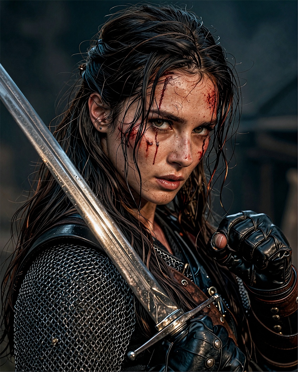 A cinematic close-up shot of a fierce female warrior with long dark brown hair that cascades over her shoulders and partia...