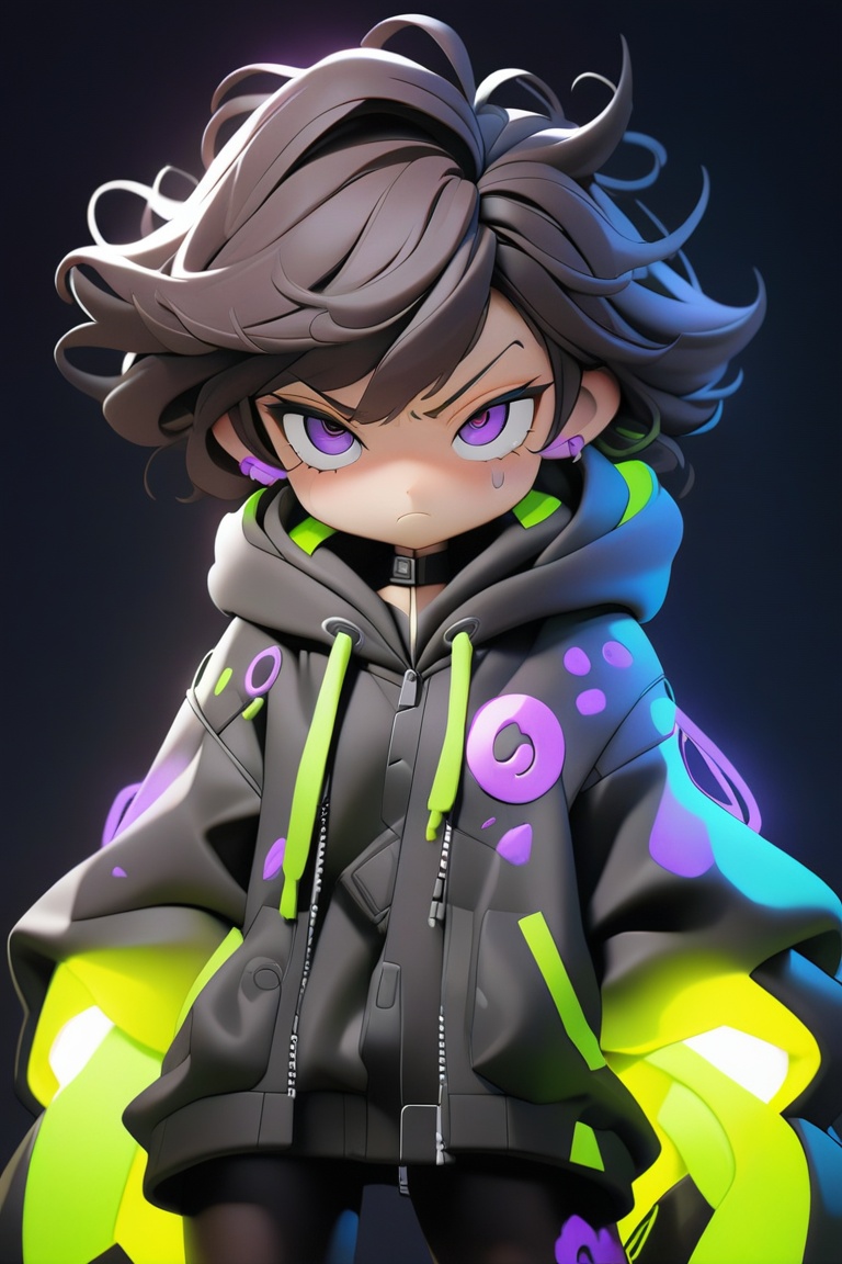 A futuristic animated character with dark hair, purple eyes, and a stern expression, wearing a black jacket adorned with a logo and a hoodie beneath, stands confidently against a dark background, surrounded by neon-green splatters, (masterpiece,best quality:1.2)