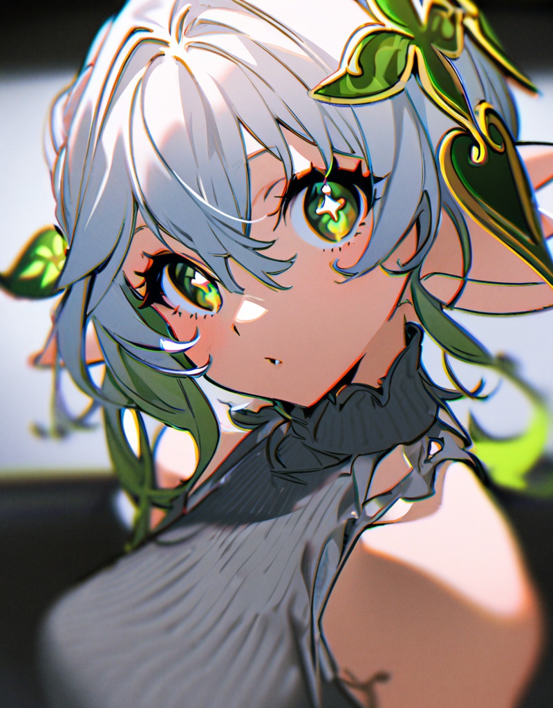 masterpiece, best quality,  <lora:yoneyama-a31:1>,yoneyama mai,1girl, solo, looking at viewer, upper body,  blurry,chromatic aberration,grey shirt,sleeveless, painting \(medium\), nahida \(genshin impact\), 