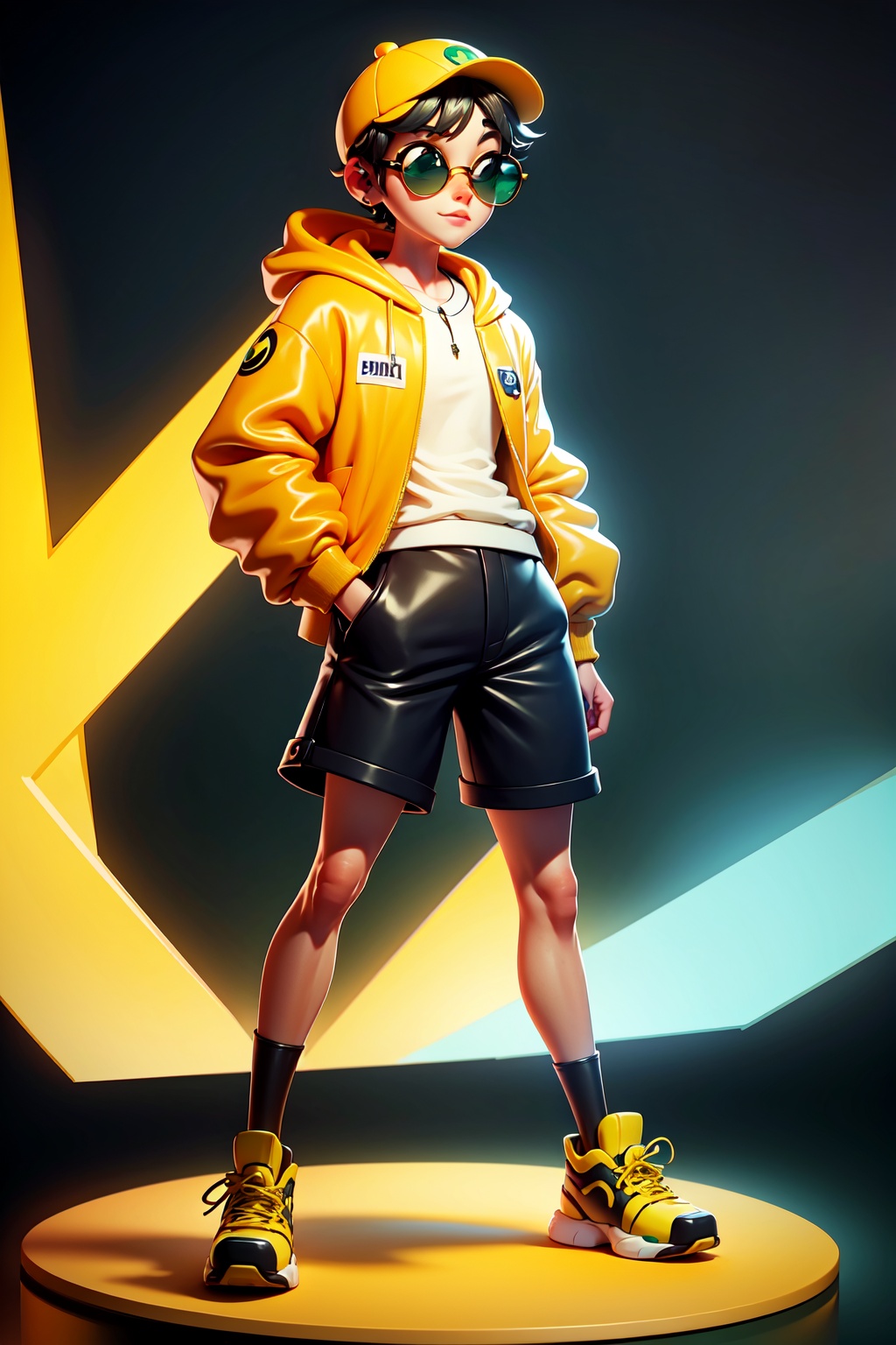 a 3D animated character,a young boy with large expressive eyes,wearing a yellow jacket with a green hoodie underneath. He sports a pair of sunglasses with green lenses,and his outfit is complemented by a white cap. The boy is also seen wearing a pair of black shoes with yellow laces. The background is a vibrant orange,giving a warm and lively feel to the overall composition,, masterpiece,best quality,