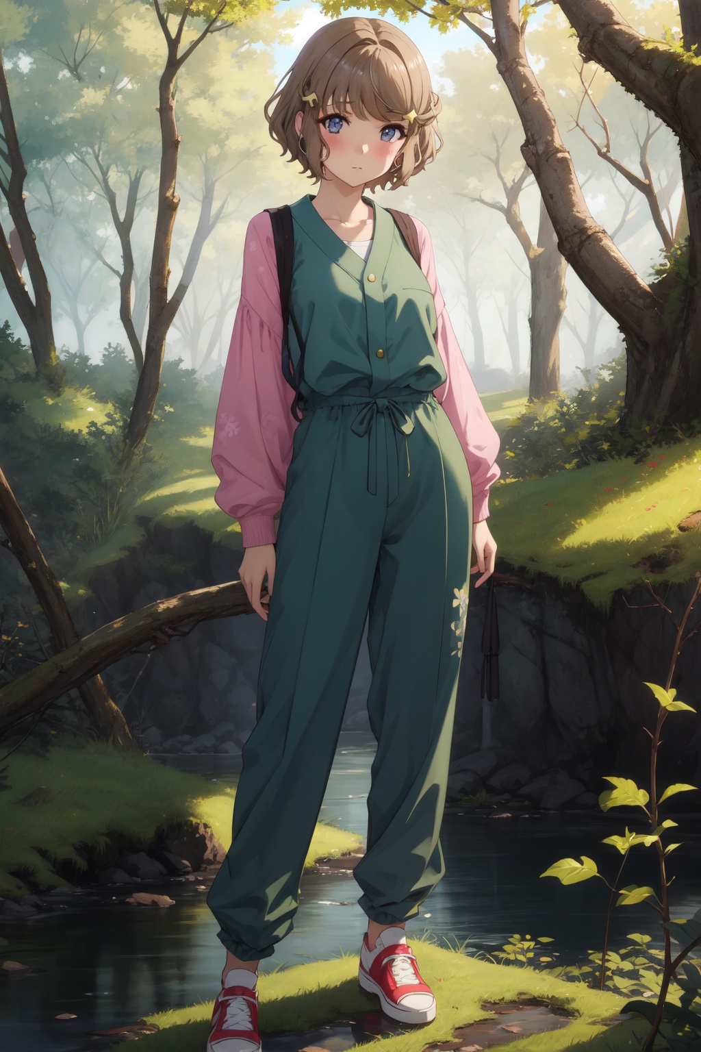 <lora:Tomoe-000014:0.8>,Tomoe CYQL,1girl,looking at viewer,solo,short_hair,brown_hair,bangs,blue_eyes,hair_ornament,blush,Loose jumpsuit, sneakers.,Tsundere,full_shot,Forest, Brook, Sunlight, Trees, Moss, Rocks, Tranquility, Nature sounds,(Bee balm, Coneflowers, Wild grasses, Beehives, Pollinators, Buzzing activity:0.5),beautiful detailed sky,beautiful detailed glow,posing in front of a colorful and dynamic background,masterpiece,best quality,beautiful and aesthetic,contrapposto,female focus,wallpaper,
