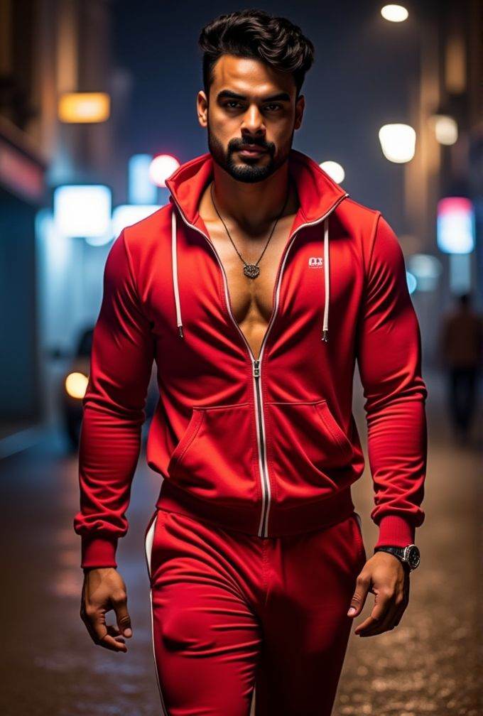 tovino thomas ,  realistic photo in a worn ((skin-revealing skimpy erotic red tracksuit,  massive pecs)) on Tensor.Art