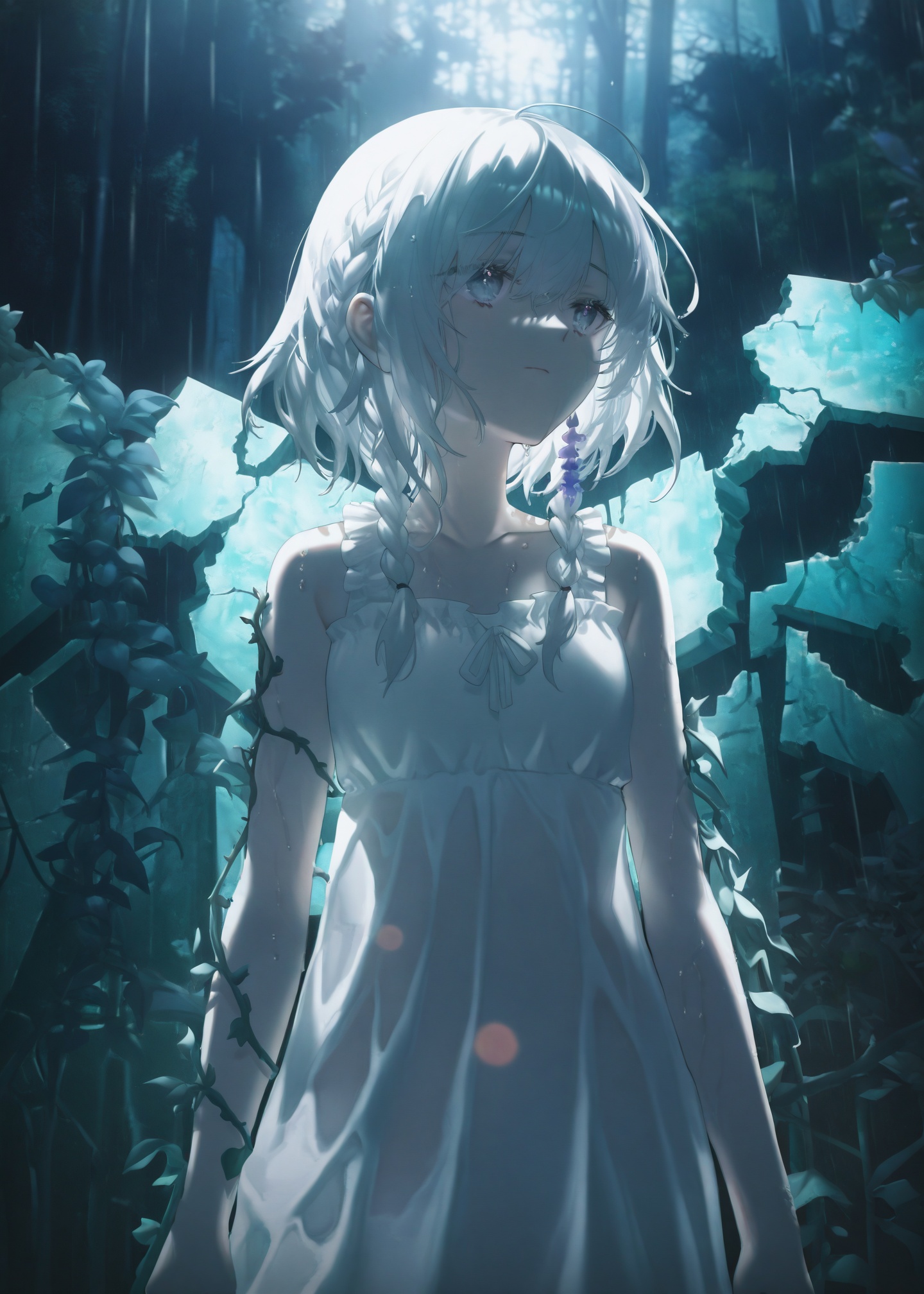 masterpiece,absurdres,best quality,petite,high quality,//,illustration,ultra detailed,hdr,Depth of field,(colorful),bust,late at night,dark,light rain,dark,contrast,phenomenal aesthetic,(detailed light),light rain,dark,(((Cornflower))),cornflower,cornflower,vines,forest,ruins,Blurred picture,lens flare,hdr,Tyndall effect,damp,wet,1girl,bare shoulders,broken glass,broken wall,aqua theme,white hair,white dress,closed mouth,braid,white dress,standing,solo,//,<lora:konya_karasue2——【CKXL】hans:0.85>,