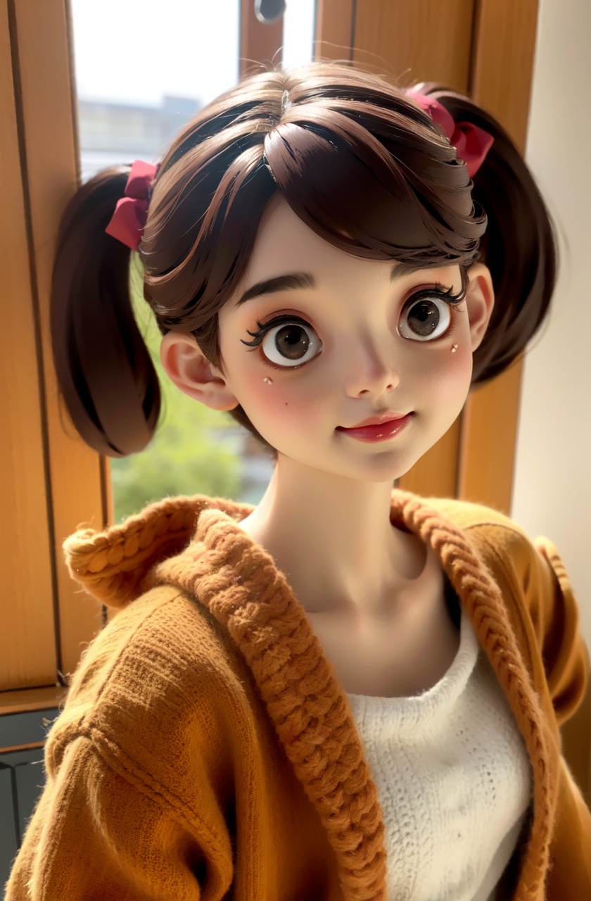 masterpiece,best quality,(absurdres:1.4),clay style,1girl,solo,smile,coat,blonde hair,black eyes,indoors,window,long hair,upper body,twintails, 