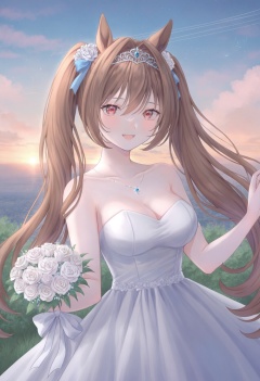 best quality, masterpiece,1girl, daiwa scarlet (umamusume), animal ears, breasts, dress, solo, horse ears, tiara, flower, long hair, twintails, hair intakes, bouquet, brown hair , very long hair, horse girl, red eyes, white dress, rose, cleavage , large breasts, bare shoulders, looking at viewer, smile, open mouth, blush, strapless, outdoors, wedding dress, strapless dress, bangs, collarbone, hair between eyes, white flower, fang, backlighting, white rose ,sky, cloud, scenery, outdoors, star (sky), cloudy sky, sunset, starry sky, power lines  <lora:poireXLlokr4f-000287:0.7>