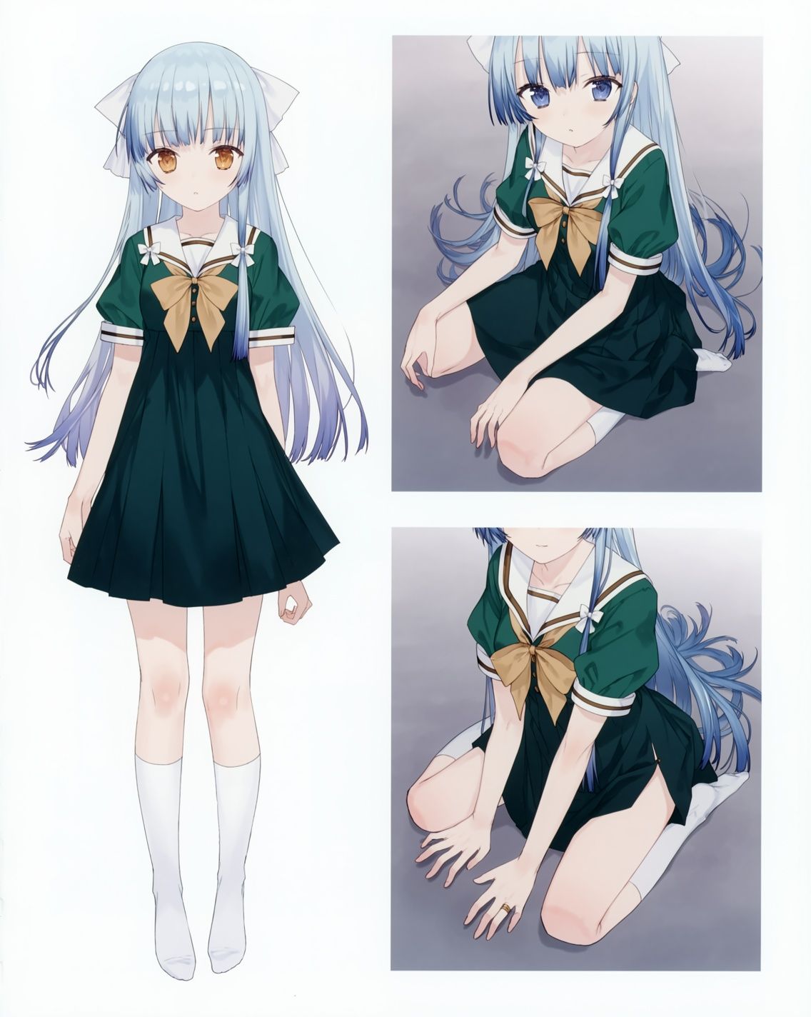 This image displays a character sheet of an anime-style girl with long,  straight light blue hair and striking heterochrom...