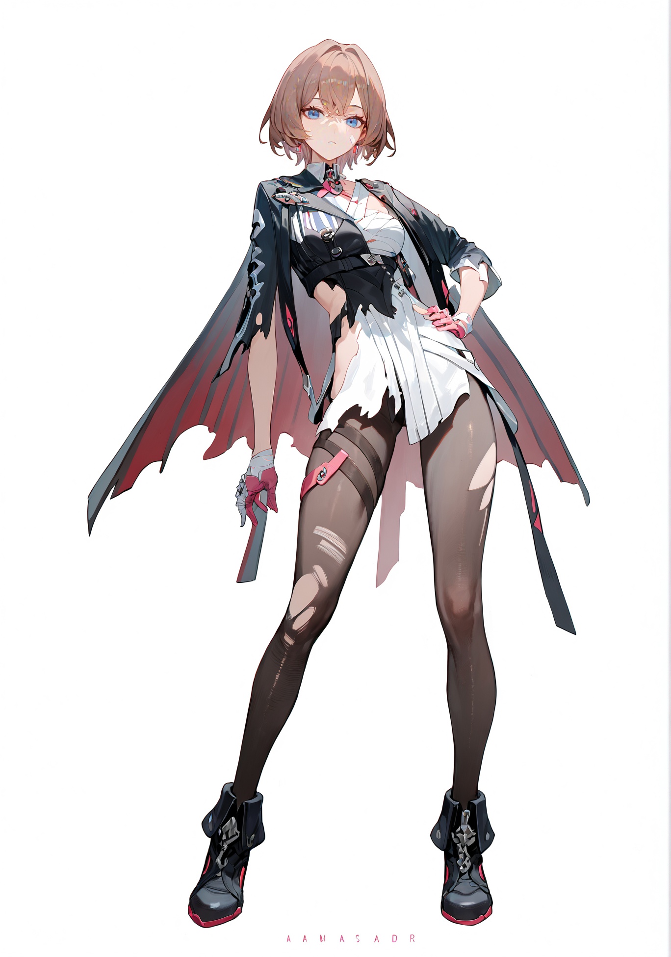 score_9, score_8_up, score_7_up, score_6_up, 8k, 8k, best quality, masterpiece, (ultra-detailed:1.1), (high detailed skin), (full body), ( white background:1.3), standing, looking at viewer, (solo), hand on hip, <lora:Lantern-pony-Tanger:0.8>, dengsfl, broken clothes, torn clothes, brown hair, 1girl,, blue eyes, pantyhose, black footwear, pink gloves, single glove, torn pantyhose, short hair,(beautiful_face), ((intricate_detail)), clear face, ((finely_detailed)), fine_fabric_emphasis, ((glossy)), full_shot, 