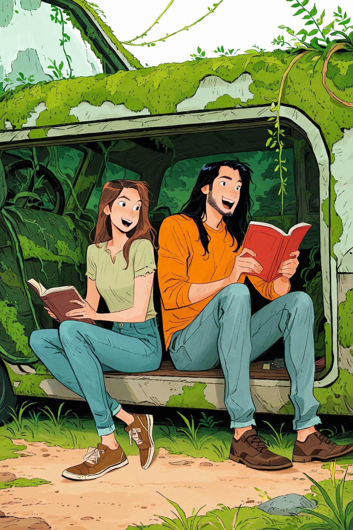 ami thompson Style,sitting,facial hair,1girl,pants,black hair,book,denim,motor vehicle,1girl,grass,overgrown,moss,holding,shirt,jeans,1boy,shoes,brown footwear,long hair,reading,brown hair,plant,open mouth,smile,holding book,vines,<lora:ami thompson_illustriousXL:1>,