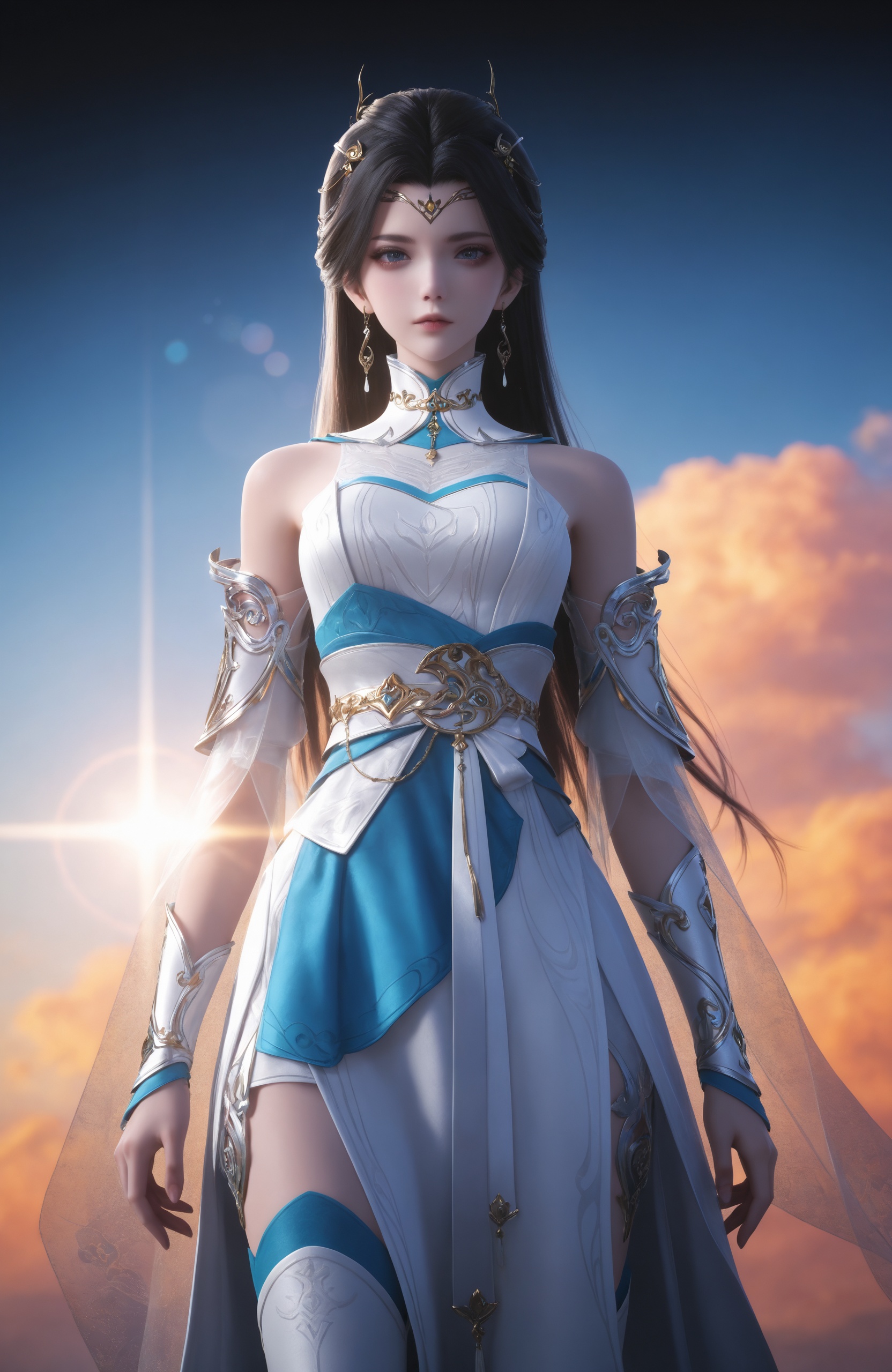 Nai3 style,realistic style photo,outstanding style,Use soft lighting to cast gentle shadows on the subject,adding a touch of dimension to your images without compromising details,whirls of vapor,(Anime:1.1),soft neon light,ethereal ambiance,delicate details,magical atmosphere,concept art,highly detailed,ultra-high resolution,32K UHD,sharp focus,best-quality,masterpiece,golden hour,unconventional supreme masterpiece,masterful details,temperate atmosphere,with a high-end texture,in the style of fashion photography,magazine style,Dynamic Angle,Dynamic posture,magazine style,Dynamic Angle,Dynamic posture,(cowboy_shot:1.2),eye trail,depth of field,cinematic lighting,lens flare,close-up,extreme aesthetic,(wlop:0.6),(honjou raita,lack,rella,wanke:0.5),masterpiece,best quality,good quality,newest,year 2025,very aesthetic,absurdres,Visual impact,A shot with tension,ultra-high resolution,32K UHD,sharp focus,best-quality,masterpiece,Emotionalization,unconventional supreme masterpiece,masterful details,temperate atmosphere,with a high-end texture,in the style of fashion photography,(Visual impact:1.2),giving the poster a dynamic and visually striking appearance, <lora:仙帝归来-李染竹IL:0.7> 1girl, solo,long hair, hair ornament, black hair, tiara, earrings, chinese clothes, detached sleeves, sash, white dress, bare shoulders,thighhighs,, solo,upper body,looking at viewer,gradient background,gradient,blue background,black background,