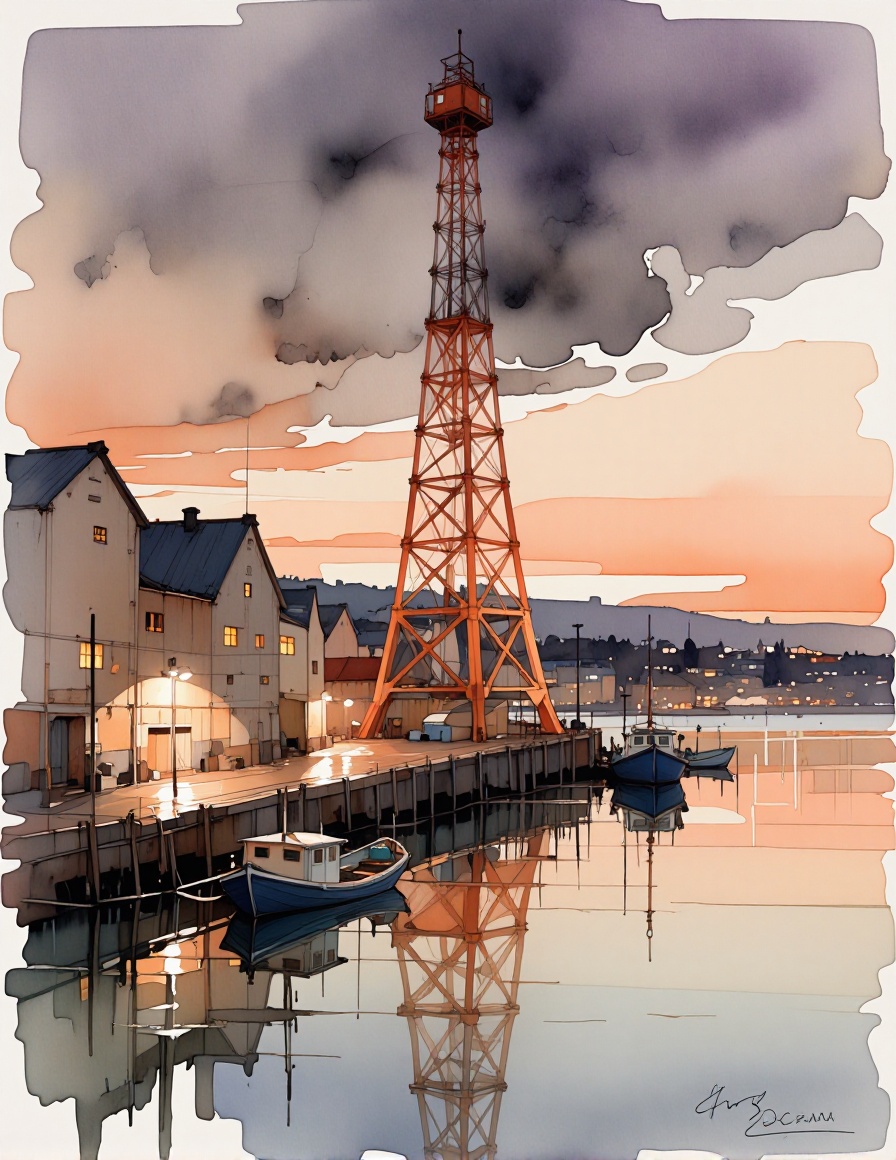 VarcoterolV7 art style — A watercolor-inspired urban harbor scene at twilight featuring a towering orange-and-blue industr...