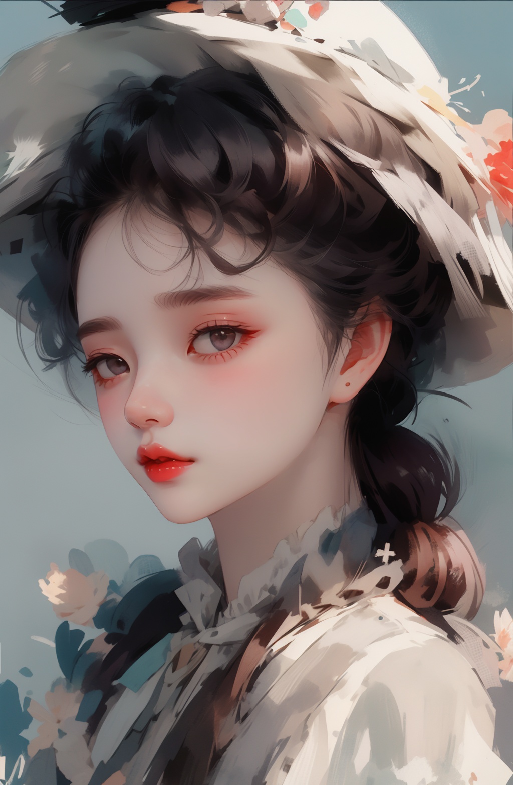 1girl, solo, hat, red lips, parted lips, black eyes, looking at viewer,<lora:Victoria_维多利亚:1>,