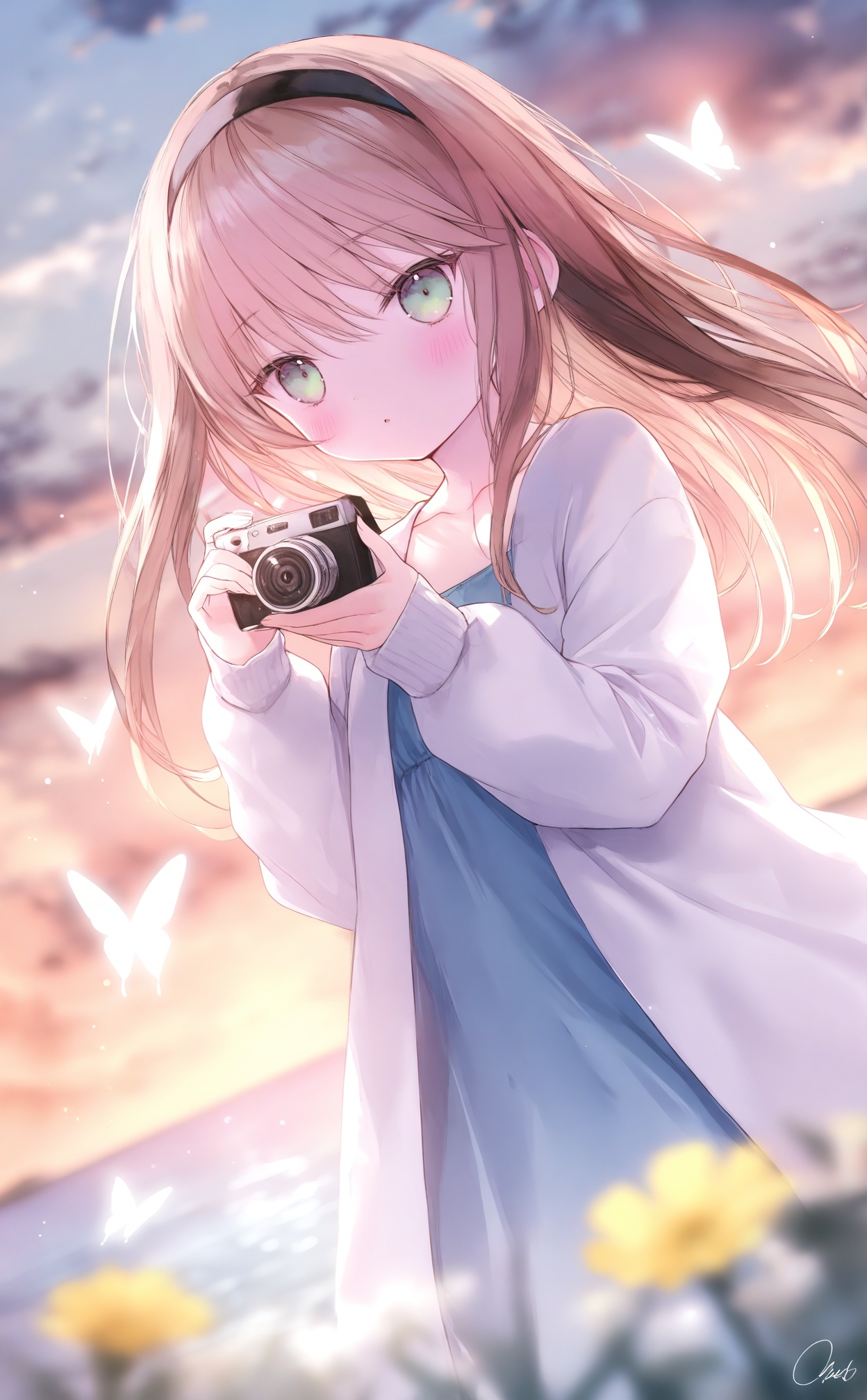 masterpiece,absurdres,best quality,loli,petite,high quality,chromatic_aberration,//,1girl,butterfly,solo,holding camera,bug,holding,outdoors,camera,blurry foreground,brown hair,green eyes,blurry,long hair,depth of field,long sleeves,dress,hairband,water,parted lips,yellow flower,jacket,cloud,signature,open clothes,collarbone,ocean,blush,white butterfly,sky,sunset,black hairband,white jacket,dutch angle,open jacket,blurry background,blue dress,cloudy sky,flower,puffy long sleeves,:o,looking at viewer,puffy sleeves,hair between eyes,horizon,glowing butterfly,day,sleeves past wrists,hands up,//,//,<lora:guimao2——【noob】hans:1>,