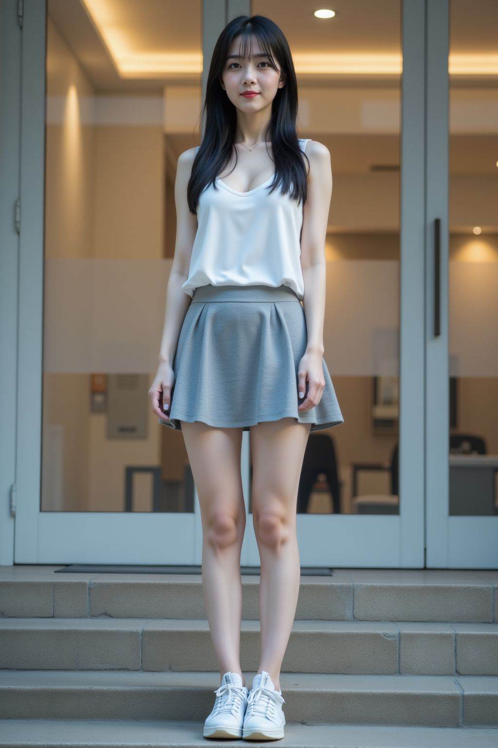 HDR photo of cinematic film still, A young Asian woman with fair skin stands confidently on a stone staircase outside a modern building. Her straight black hair, with a few loose strands framing her face. She has a slender, petite physique with long legs and a small bust. She wears a sleeveless white top, grey mini-skirt that flares slightly at the hem. Her outfit is completed with white athletic sneakers. The background features a glass door with frosted panes and a white frame, and an interior with warm, ambient lighting. The scene exudes a casual, youthful vibe.