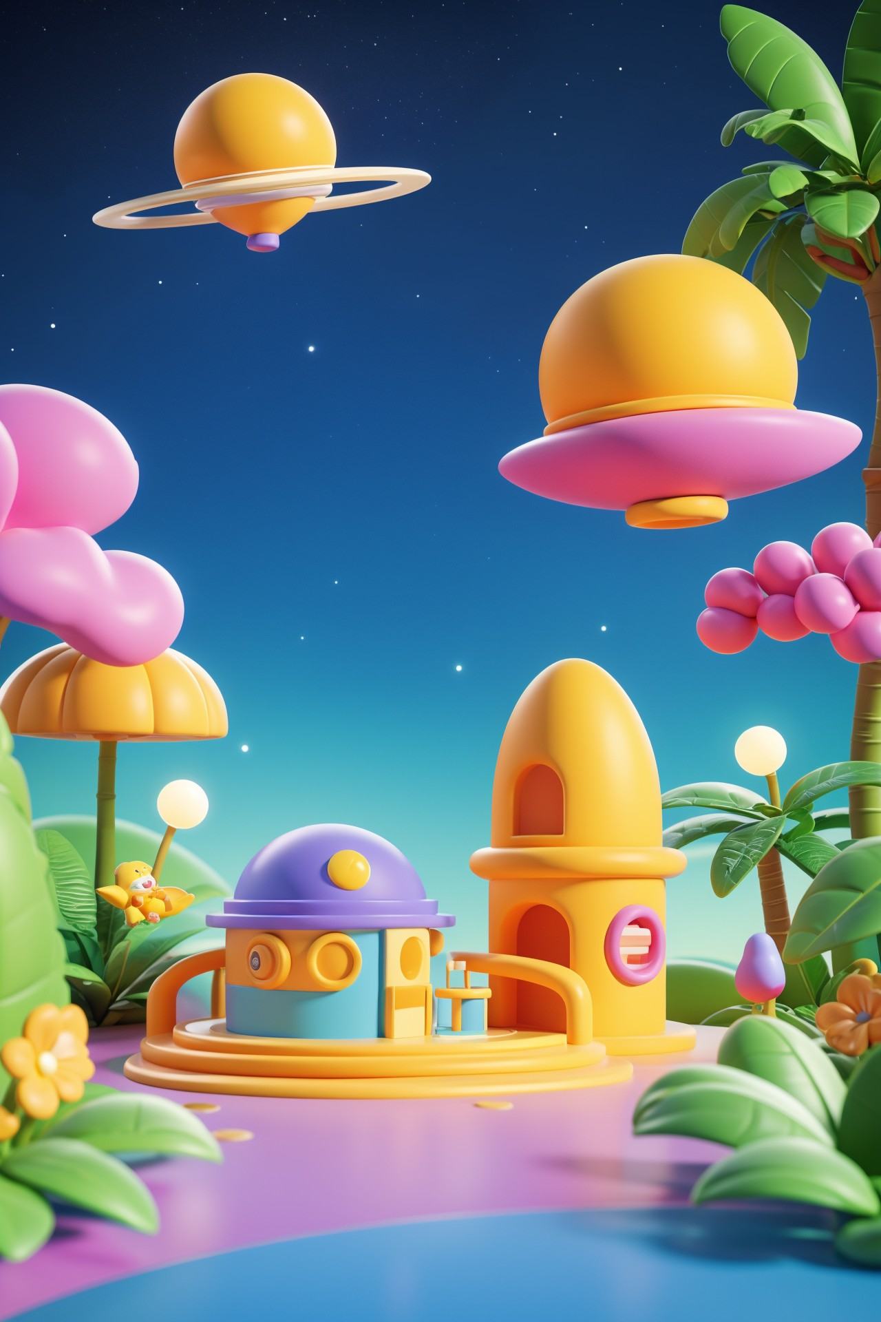"3D style, Q version cute scene of a boy dressed as an astronaut playing on a school playground that has been turned into a whimsical space-themed area. The boy is climbing a rocket-shaped jungle gym, surrounded by inflatable planets and star-shaped decorations. The sky above is a surreal mix of day and night with a gradient of colors, adding to the imaginative and playful setting."