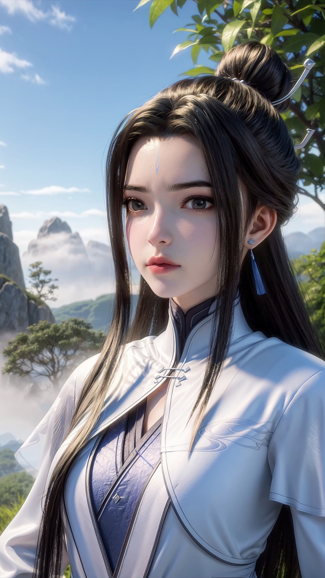 <lora:add_detail细节增加:0.7>,<lora:MHB:0.3>,1girl,solo,tassel,long sleeves,chinese clothes,outdoors,tree,long hair,black hair,sky,day,jewelry,earrings,hair ornament,blue sky,hair bun,half updo,cloud,mountain,cloudy sky,single hair bun,very long hair,forehead mark,facial mark,black eyes,hair stick,fog,sun,floating island,architecture,cliff,<lora:luxueqi:0.7>,long_legs,looking_at_viewer,weapon,sword,curvy,