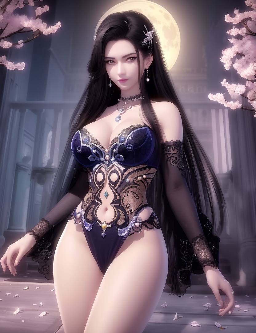 ultra realistic 8k cg, picture-perfect face, flawless, clean, masterpiece, professional artwork, famous artwork, cinematic lighting, cinematic bloom, perfect face, beautiful face, fantasy, dreamlike, unreal, science fiction,  beautiful clothes, lace, lace trim, lace-trimmed legwear,  (rich:1.4), prestige, luxury, jewelry, diamond, gold, pearl, gem, sapphire, ruby, emerald, intricate detail, delicate pattern, charming, alluring, seductive, erotic, enchanting, hair ornament, necklace, earrings, bracelet, armlet,halo((,1girl, pov,))(((,, 1girl, solo, moon, breasts, outdoors,cherry blossoms, cleavage, black_hair, hair_ornament, long_hair, jewelry,looking at viewer, ))) <lora:DA_CaoNvYao:0.6>