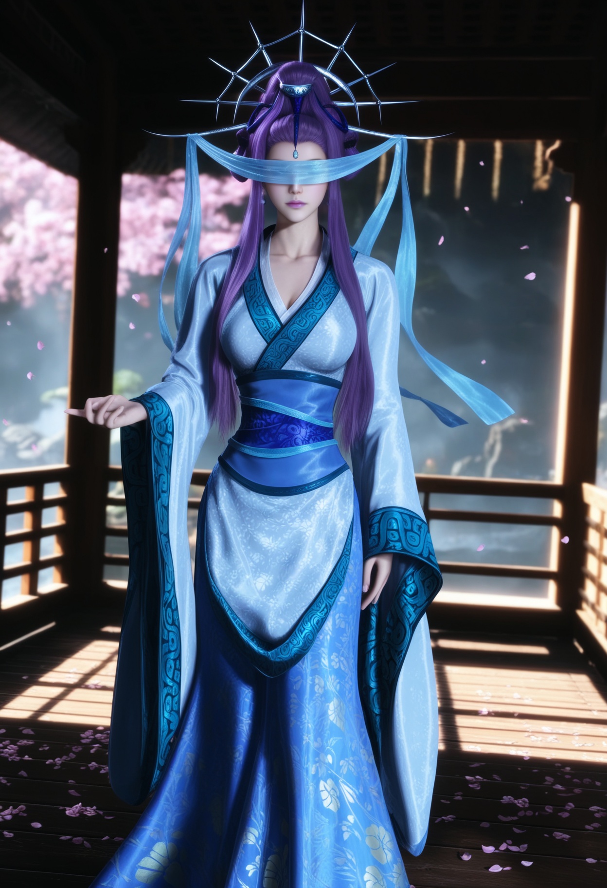 masterpiece,best quality,amazing quality,very aesthetic,high resolution,ultra-detailed,absurdres,scenery,photorealistic,(looking at viewer:1.1),(Dark room:1.3),(moody lighting:1.1),peach blossom,falling petals,(large breasts:1.2),yueshen,1girl,solo,purple hair,long hair,hair ornament,chinese clothes,jewelry,sidelocks,blindfold,earrings,hair bun,hair stick,sash,makeup,purple lips,collarbone,updo,shoes BREAK photorealistic details,<lora:QQSillyueshenV1:0.8>,