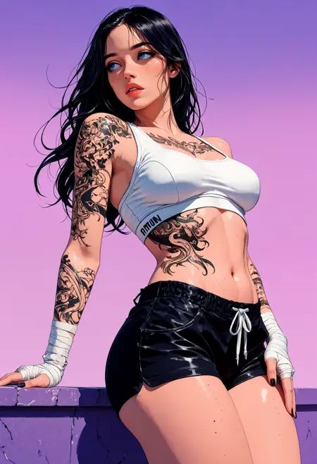 masterpiece, best quality, amazing quality, newest, very aesthetic, 8k, ultra detailed, highres, absurdres,scenery, wide shot, landscape,1girl, tattoo, bandaged hand, breasts, black hair, white sports bra, black nails, long hair, blue eyes, solo, navel, stomach tattoo, arm tattoo, looking to the side, midriff, fingernails, leg tattoo, shoulder tattoo, freckles, chest tattoo, black shorts, parted lips, medium breasts, leaning back, ass support, arm support,abstract background, gradient background, chromatic aberration, glitch, film grain, purple background, negative space, realistic, 3d, low poly, no lineart, painterly, impasto,